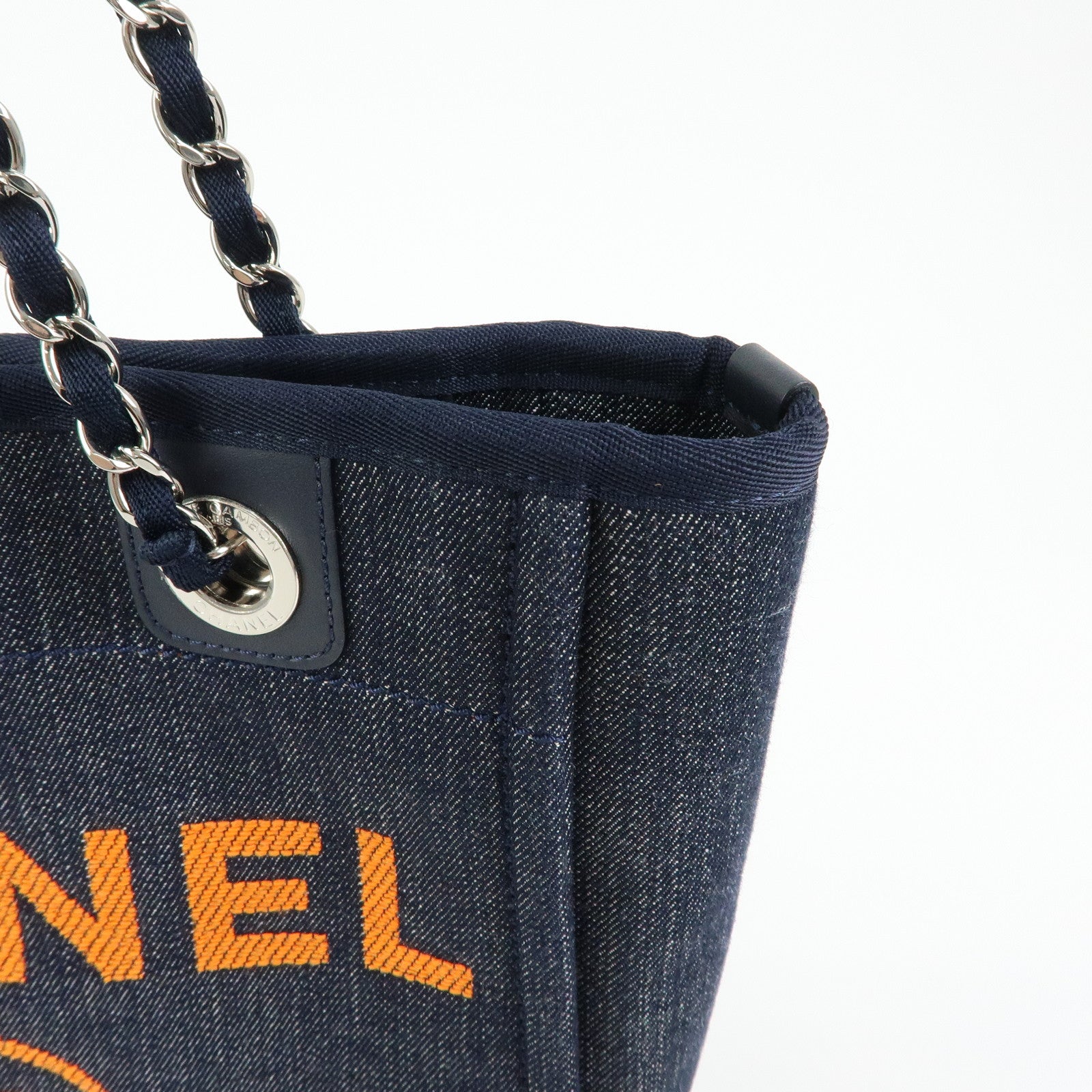 CHANEL Deauville PM Denim Calf Leather Chain Tote Bag Indigo A66939