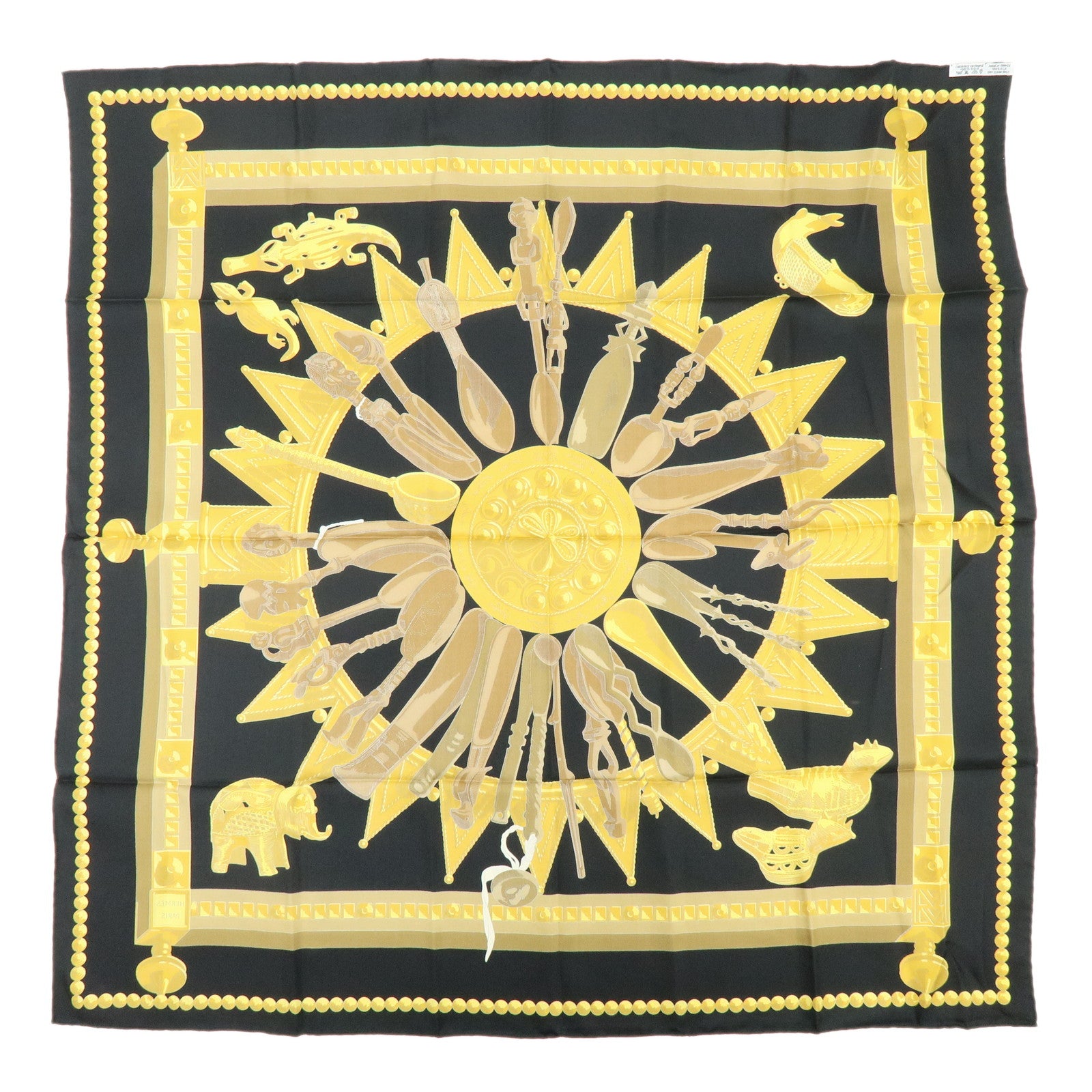 HERMES Carre 90 Silk 100% Scarf CUILLERS D'AFRIQUE Black Gold Brown