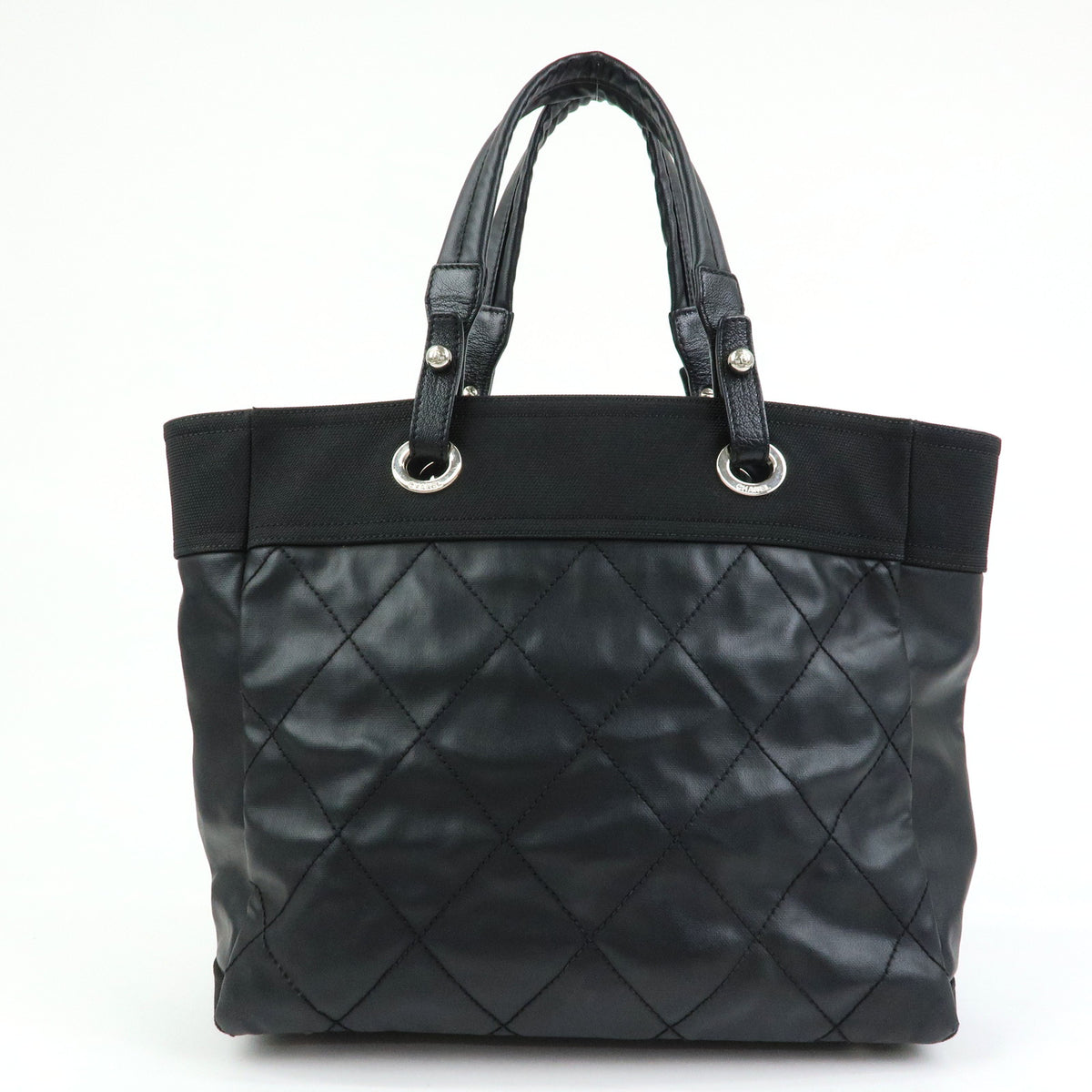 CHANEL Paris Biarritz MM Leather Canvas Tote Bag Hand Bag Black A34209