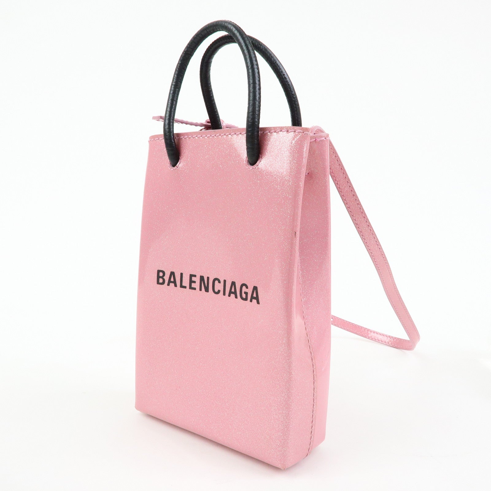 BALENCIAGA Patent Leather Shopping Phone Holder 2Way Bag Pink 593826