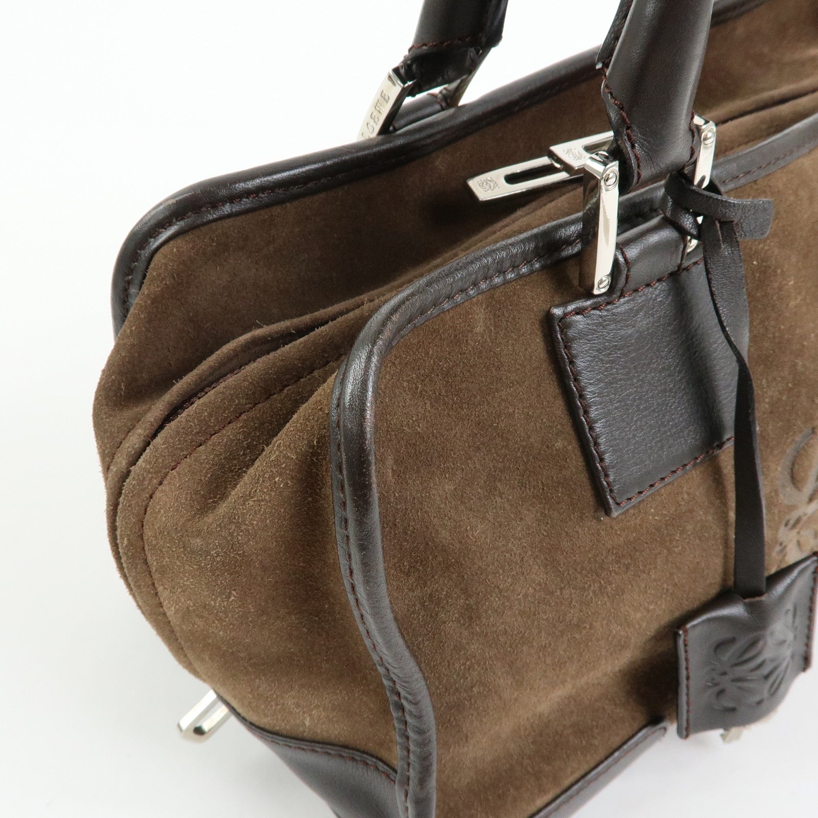 LOEWE Anagram Amazona 28 Suede Leather Hand Bag Boston Bag Brown
