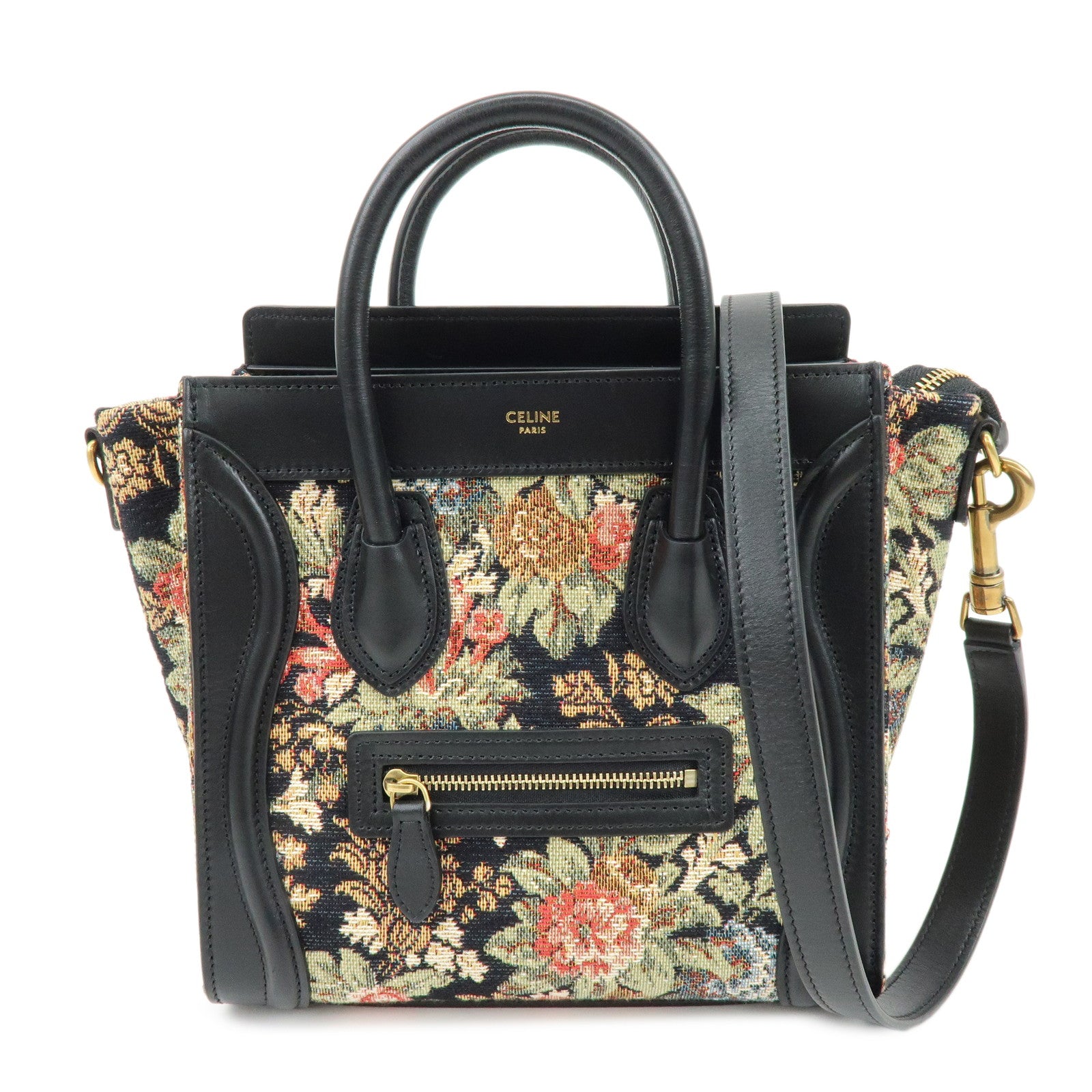 CELINE Luggage Jaquard Canvas Leathre Flower 2Way Shoulder Bag Black