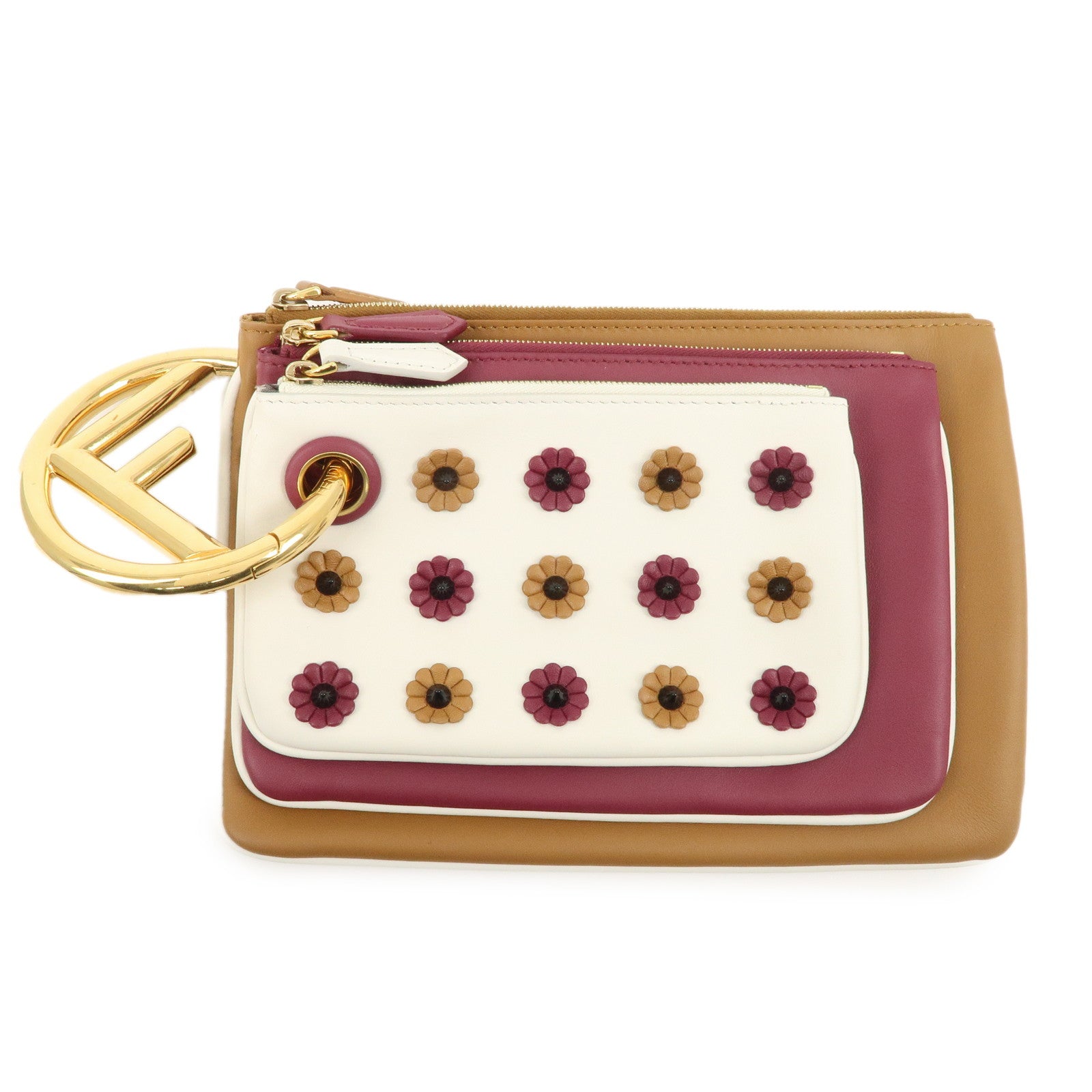FENDI Leather Flower Studs Triplet Pouch Hand Bag 8BS001 Used