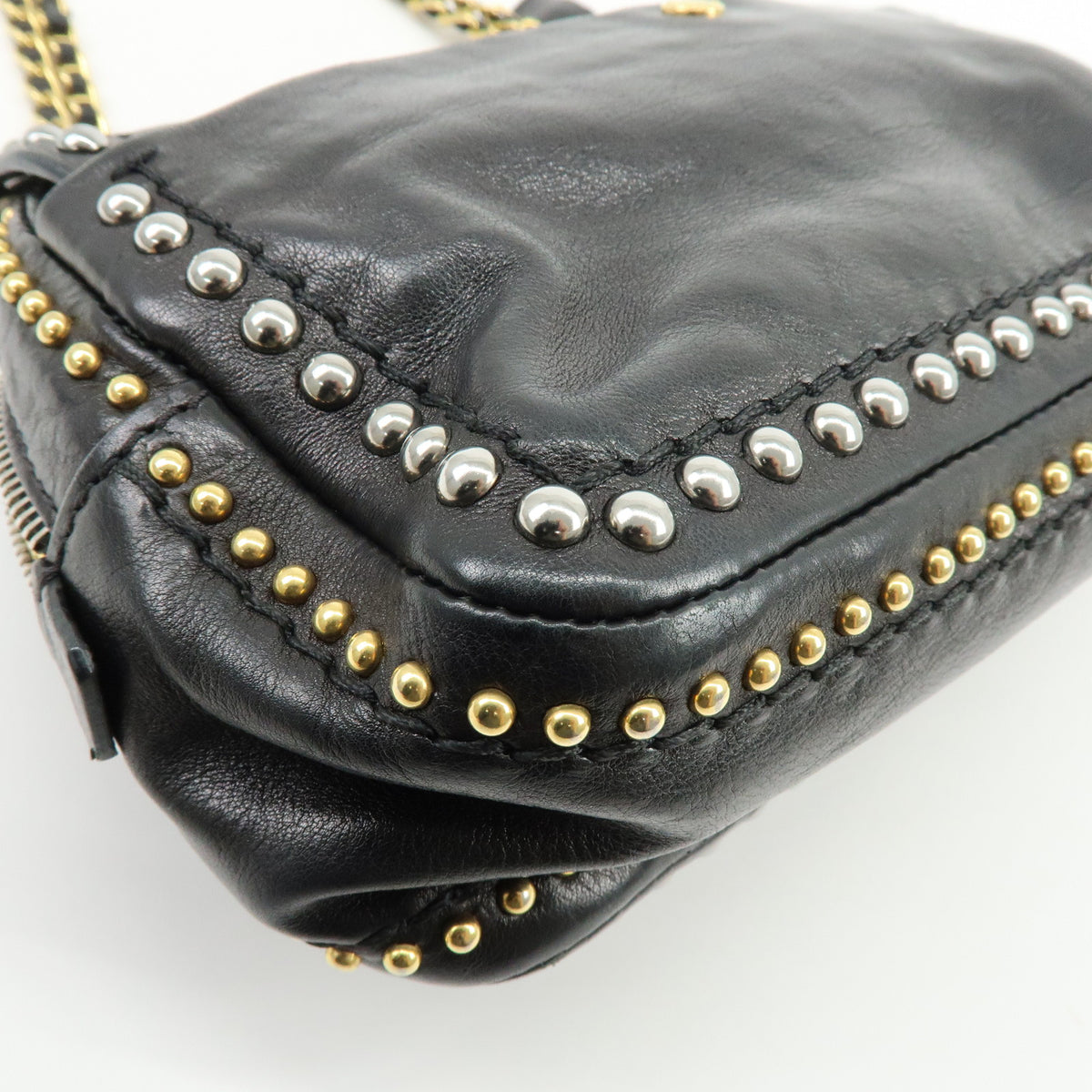 PRADA Leather Chain Shoulder Bag Studded Black Gold Silver BR4588