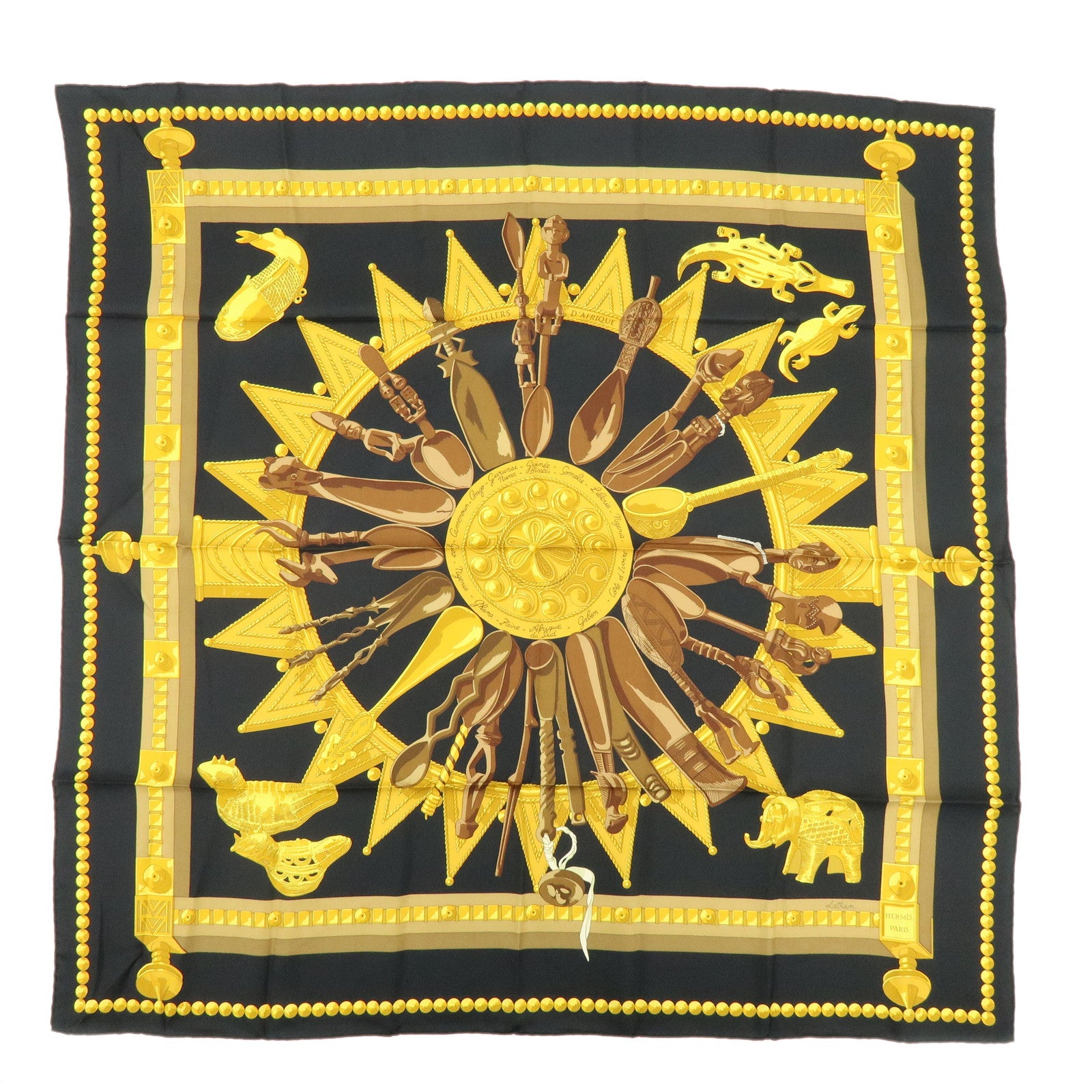 HERMES Carre 90 Silk 100% Scarf CUILLERS D'AFRIQUE Black Gold Brown