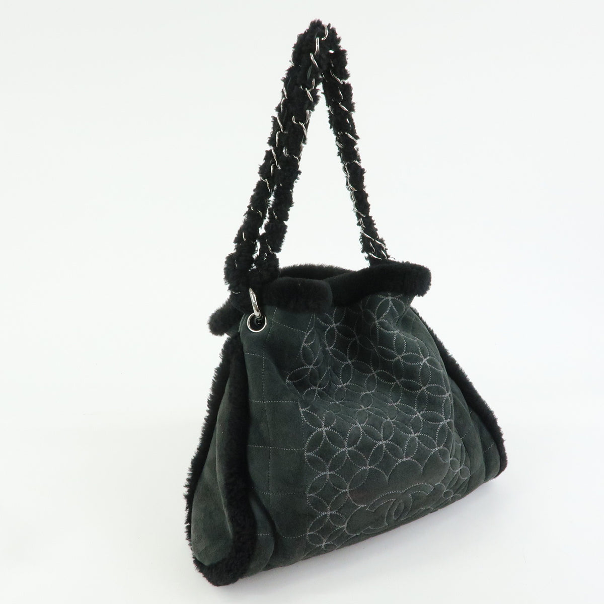 CHANEL Camellia COCO Mark Mouton Suede Chain Shoulder Bag Black