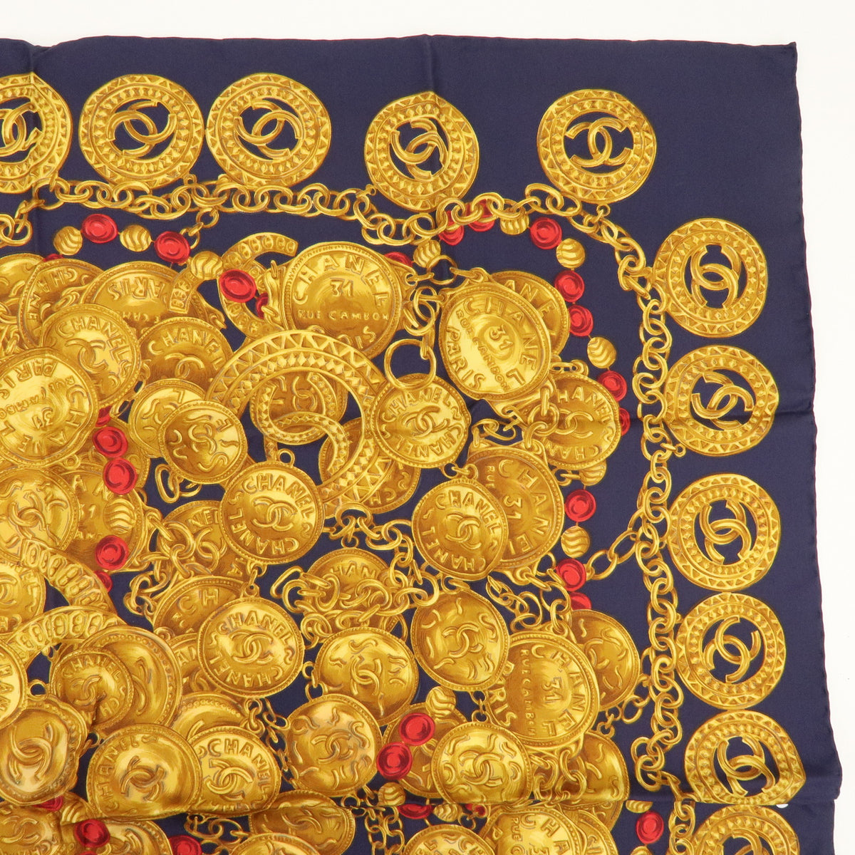 CHANEL COCO Mark Silk 100% Scarf Chain Print Gold Navy Red