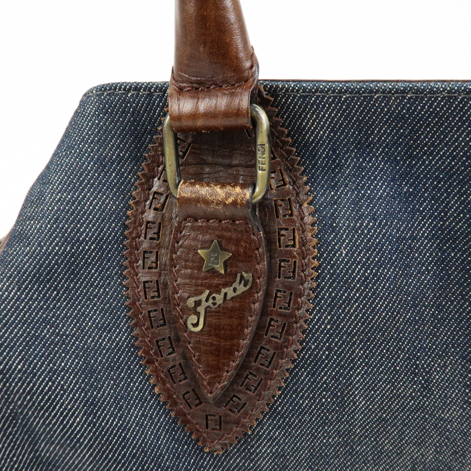 FENDI Etnico Leather Denim Tote Bag Shoulder Bag Brown Blue 8BN162