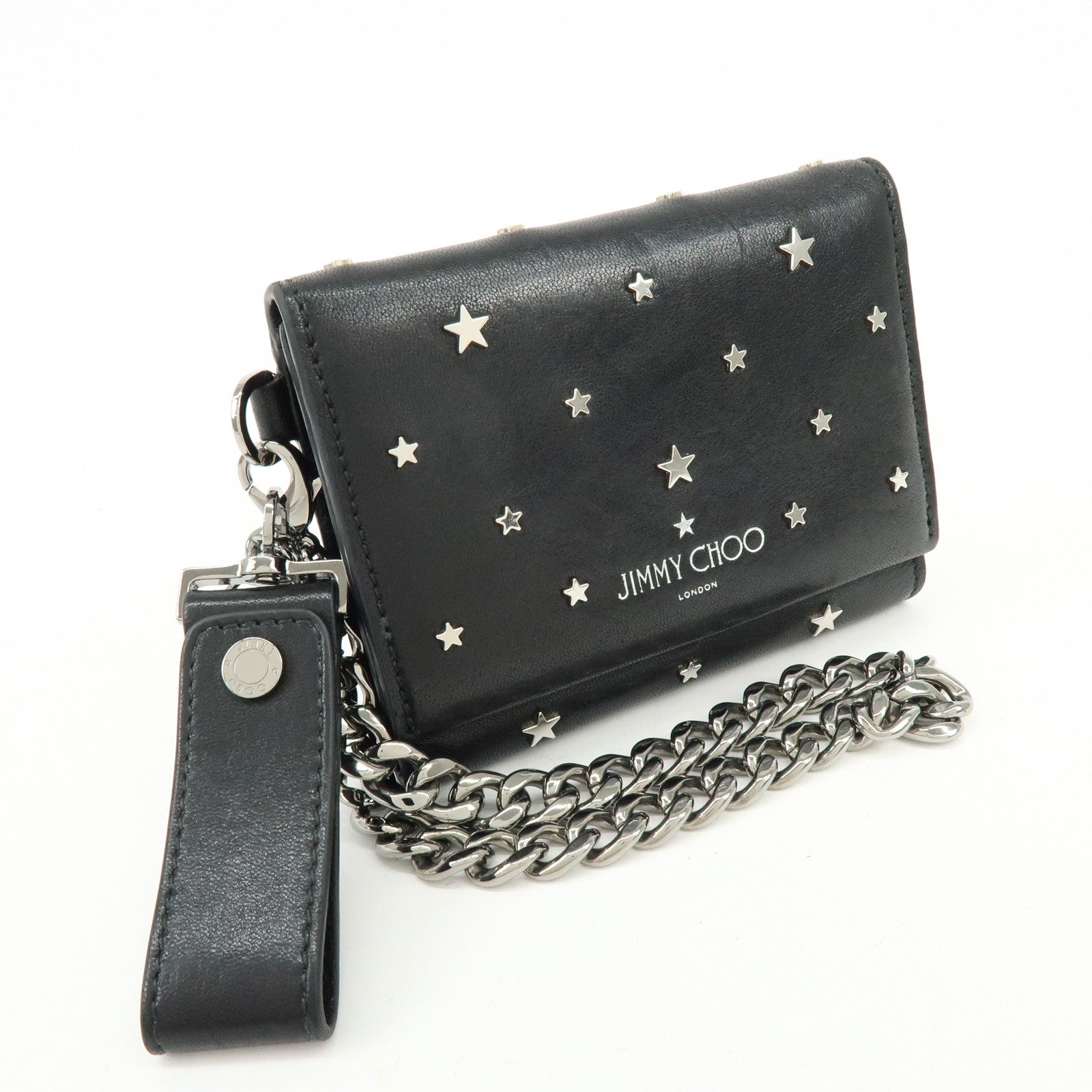 Jimmy Choo Leather Tri-fold Chain Wallet Studs Stars Black
