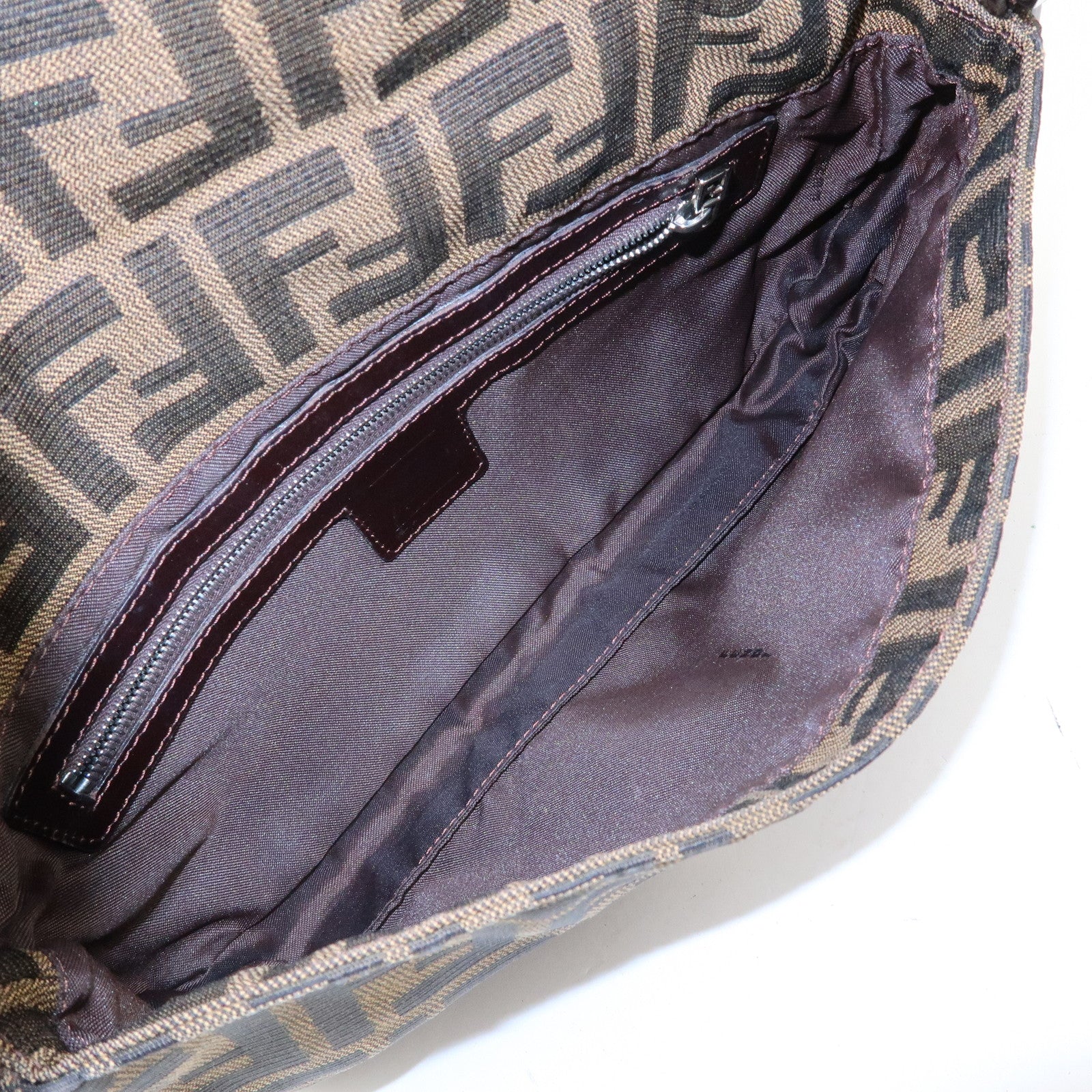 FENDI Mamma Baguette Zucca Canvas Leather Shoulder Bag Brown 26424