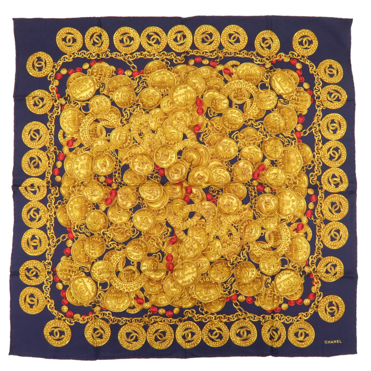 CHANEL COCO Mark Silk 100% Scarf Chain Print Gold Navy Red