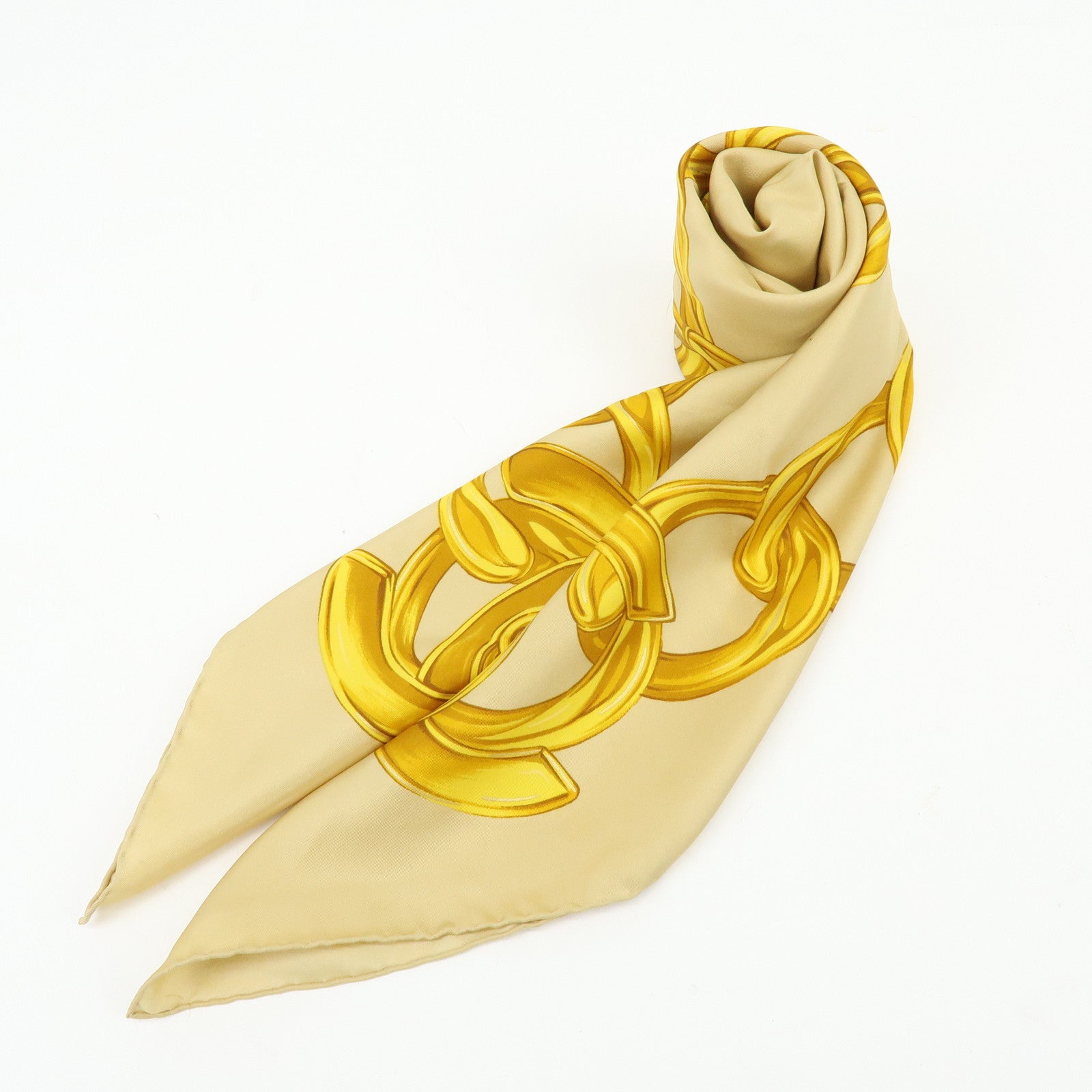 CHANEL Silk 100% Scarf Gold Chian Motif Beige Gold