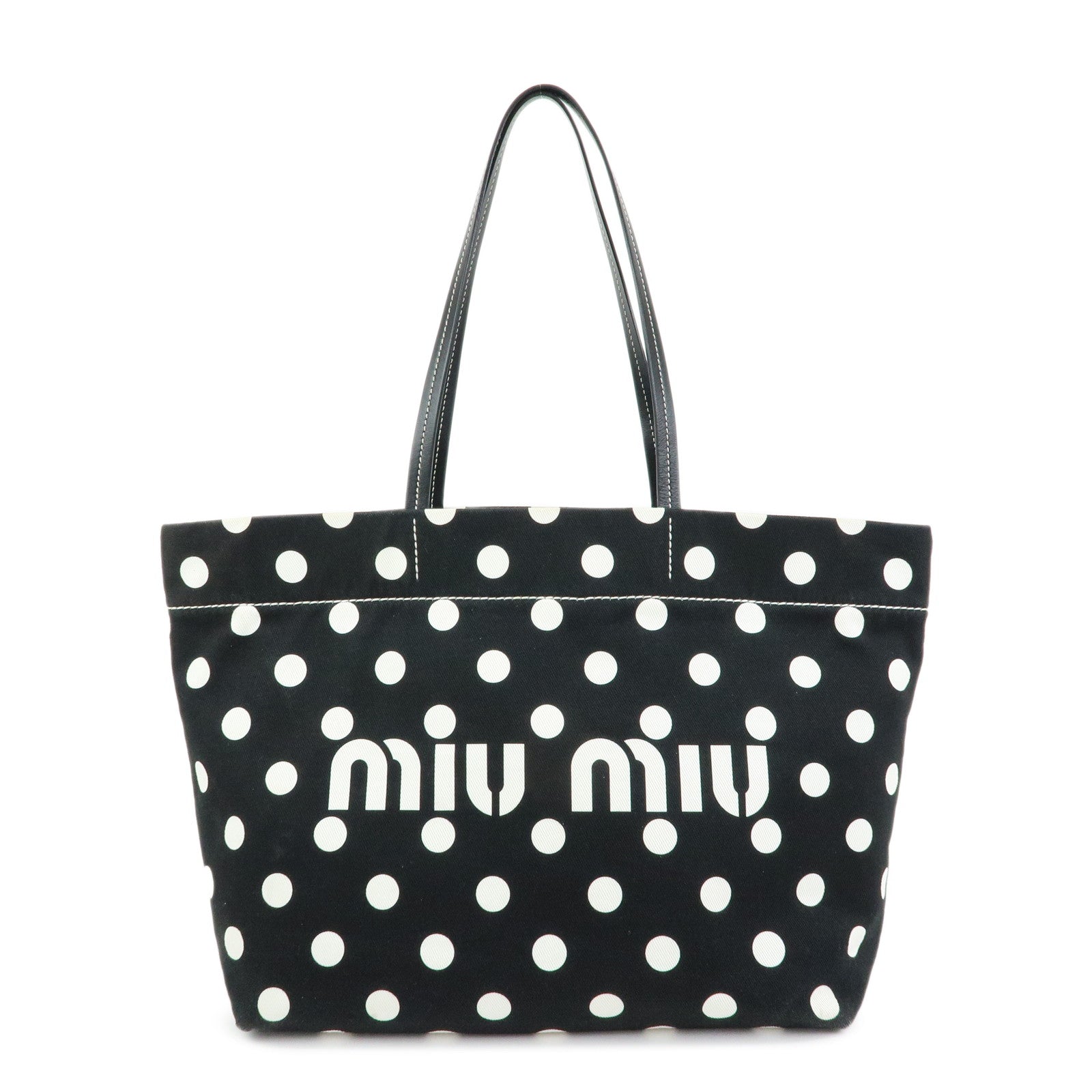 MIU MIU Logo Canvas Leather Polka Dots Tote Shoulder Bag Black 5BG234
