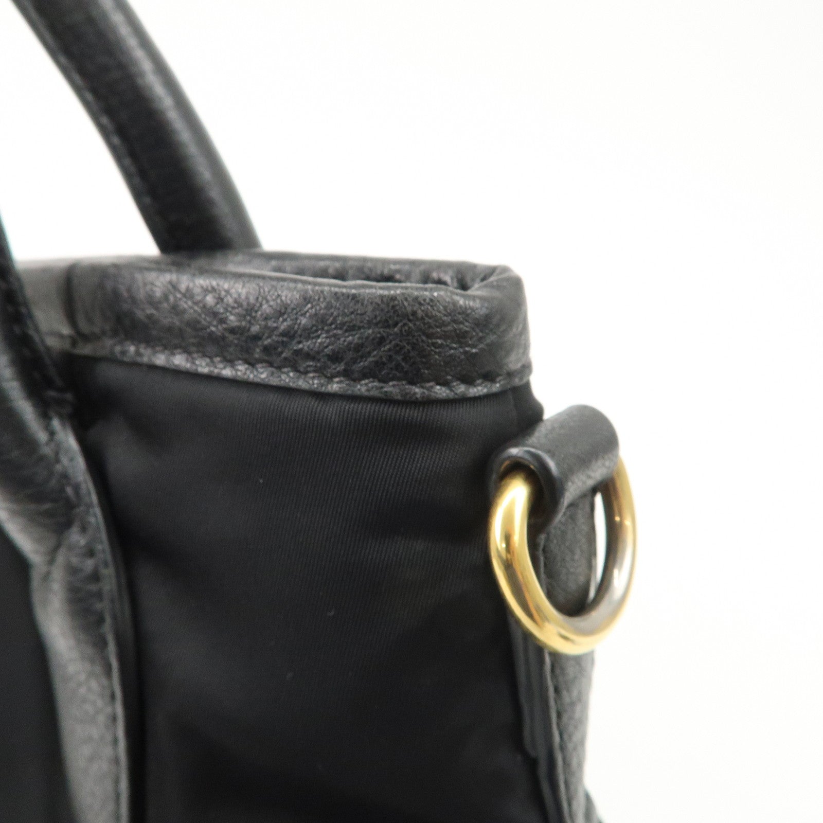 PRADA Logo Nylon Leather 2way Tote Bag Hand Bag Black Gold Hardware Used