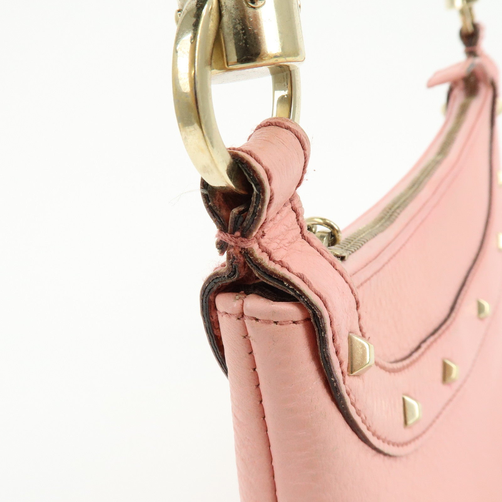 GUCCI Bamboo Leather Hand Bag Shoulder Bag Studs Pink 137378