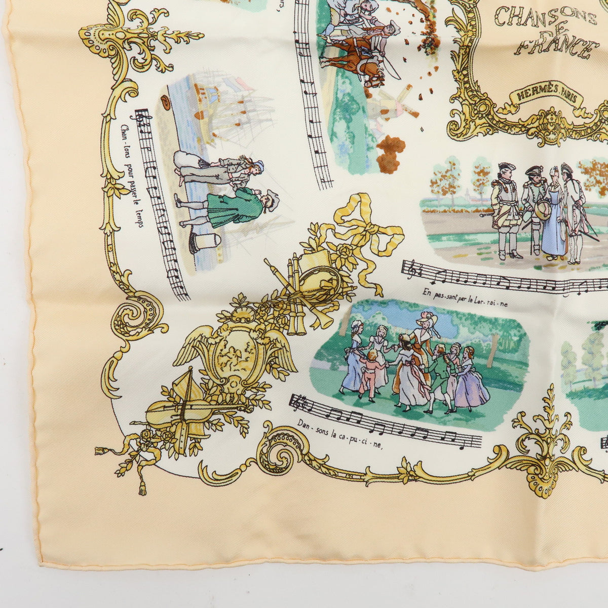 HERMES Carre 45 Silk 100% Scarf CHANSONS DE FRANCE Beige Multicolor