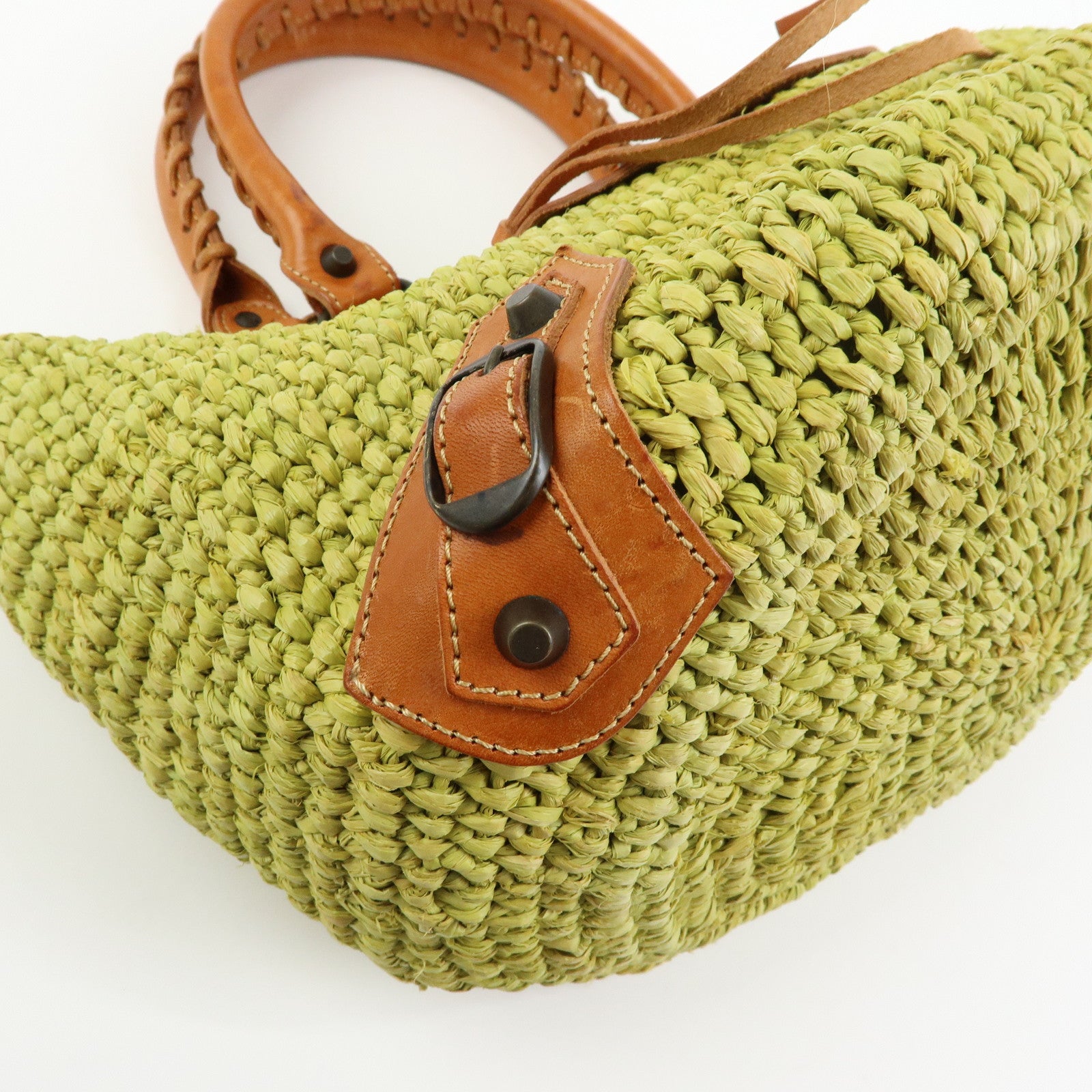Balenciaga Panier Raffia Leather Basket Tote Bag Green Brown 236741