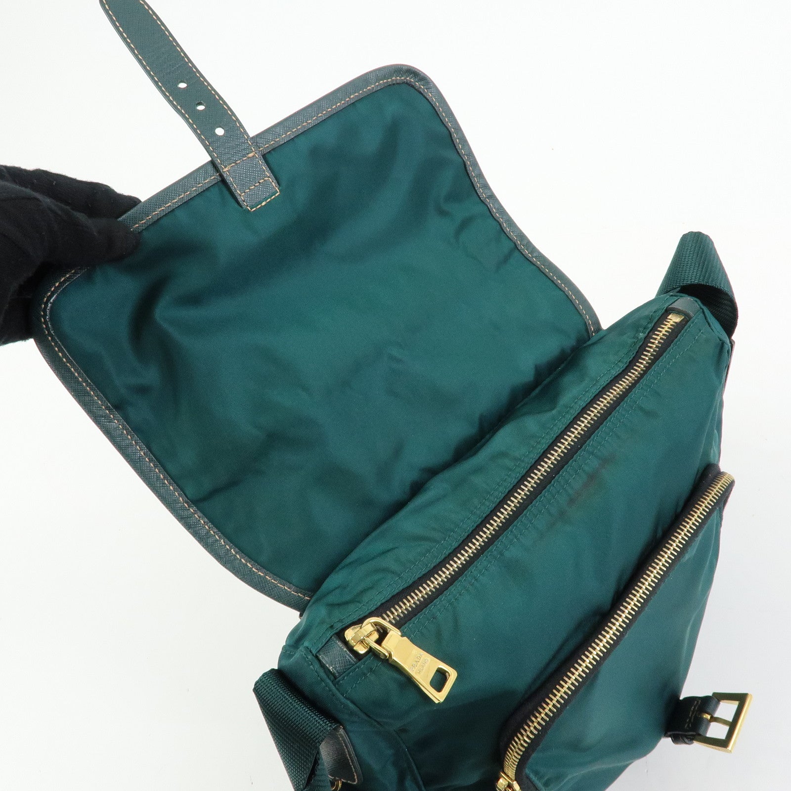 PRADA Triangle Logo Nylon Saffiano Leather Shoulder Bag Green