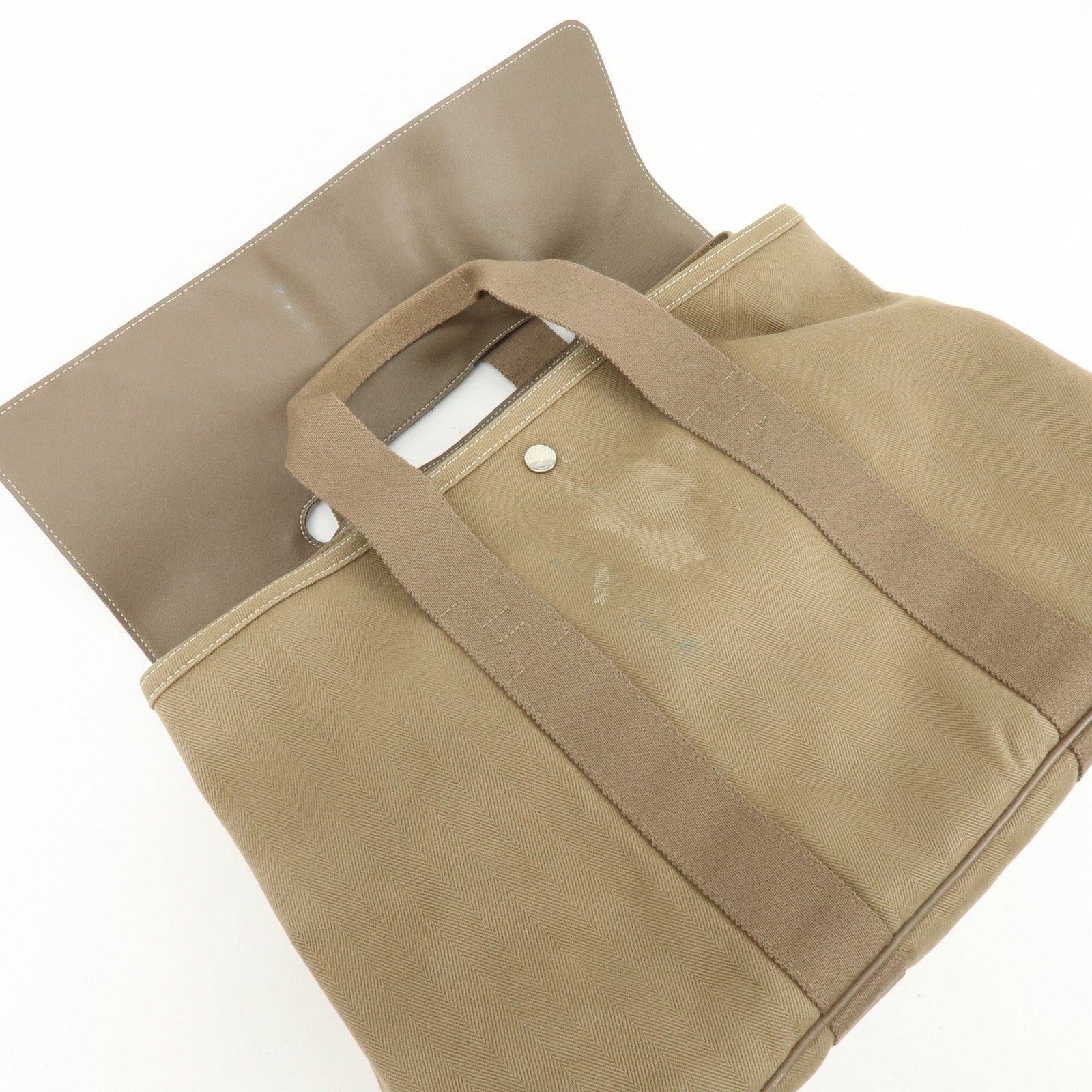 HERMES Valparaiso Toile Chevron Leather MM Hand Tote Bag Beige