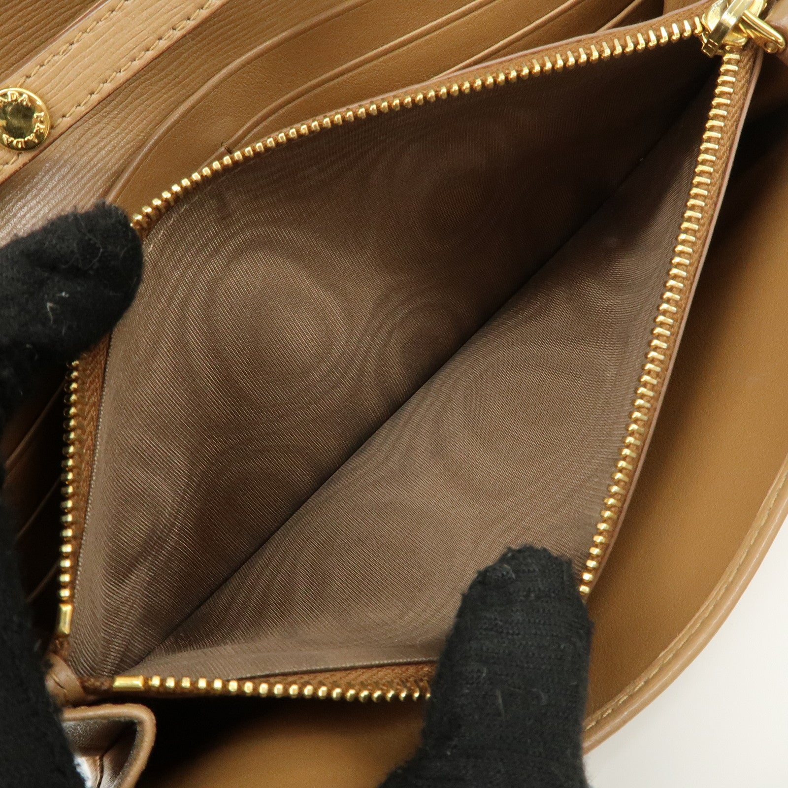 PRADA Logo Leather Chain Wallet WOC Beige Gold Hardware 1MT290 Used