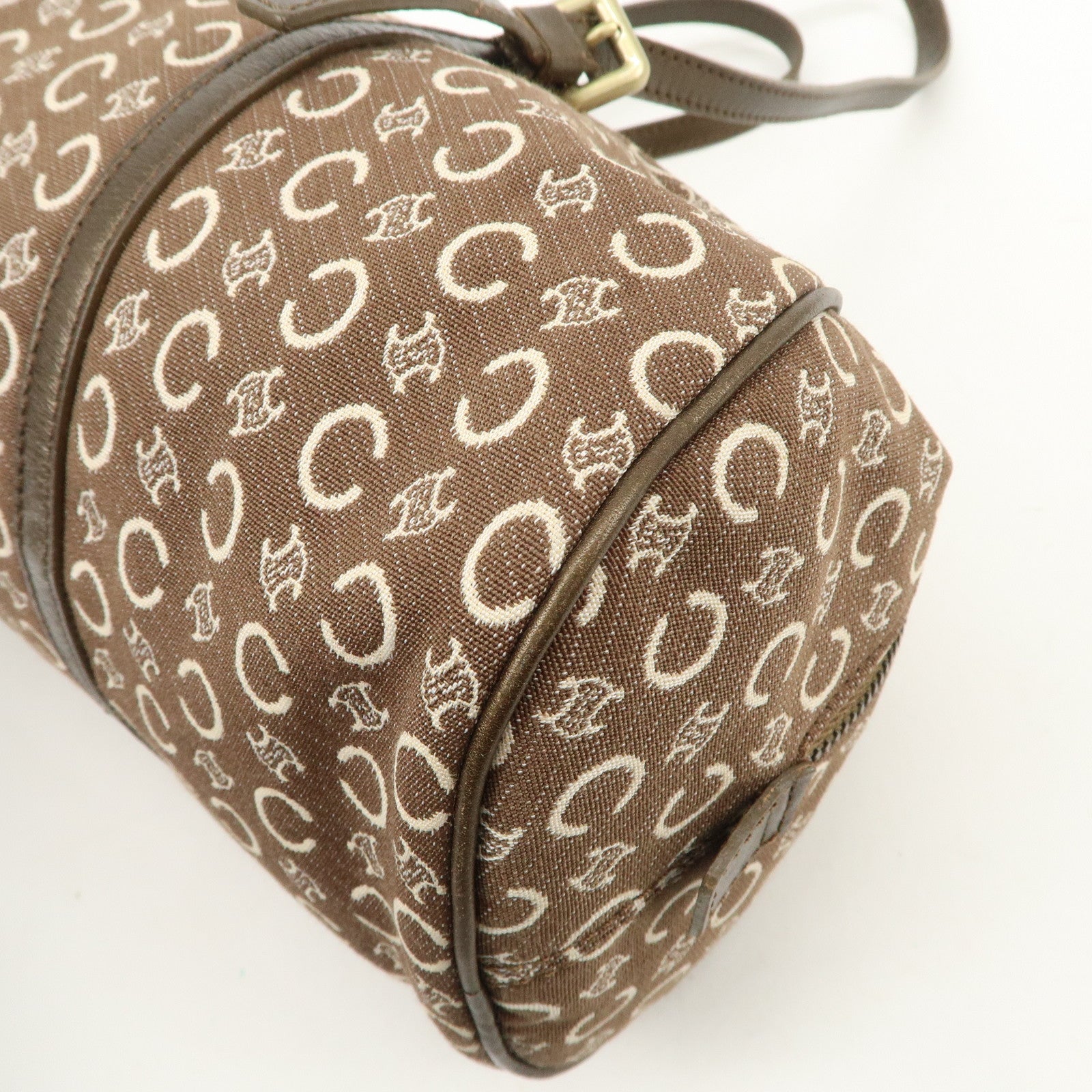 CELINE C Macadam Canvas Leather Boston Bag Hand Bag Brown White Used