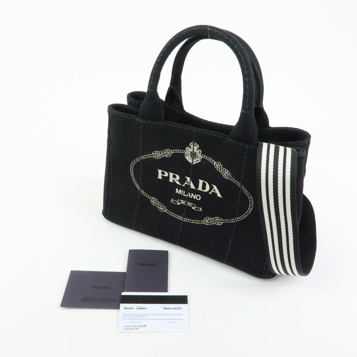 PRADA Triangle Logo Canapa Mini Canvas 2Way Hand Bag Black White 1BG439