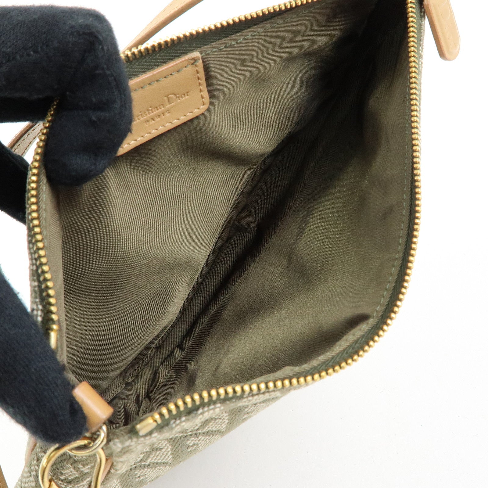 Christian Dior Trotter Saddle Jacquard Canvas Hand Bag Green Beige