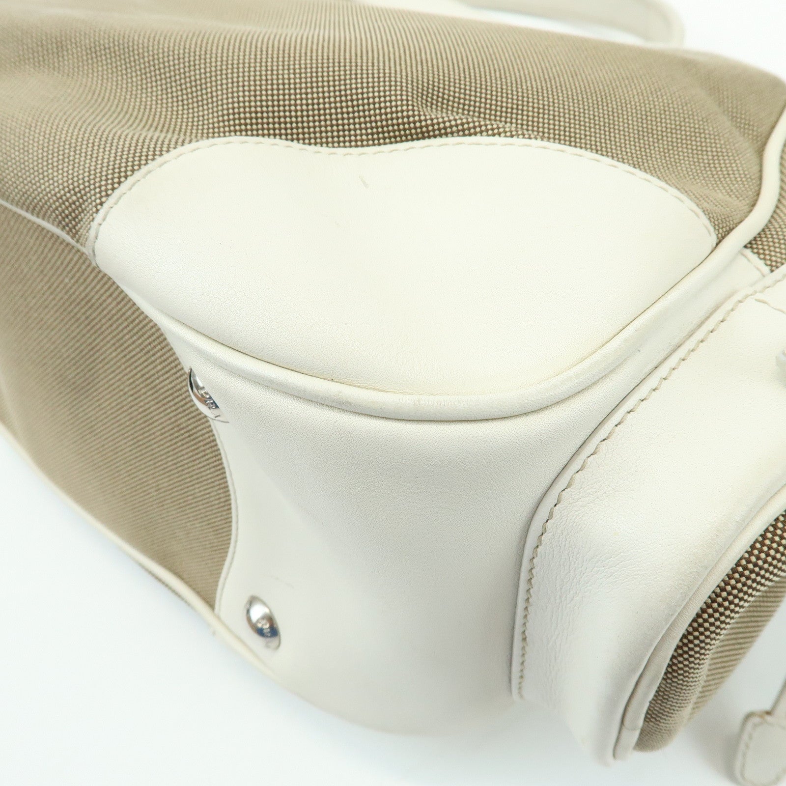 PRADA Triangle Logo Nylon Jacquard Leather Shoudler Bag Beige Ivory