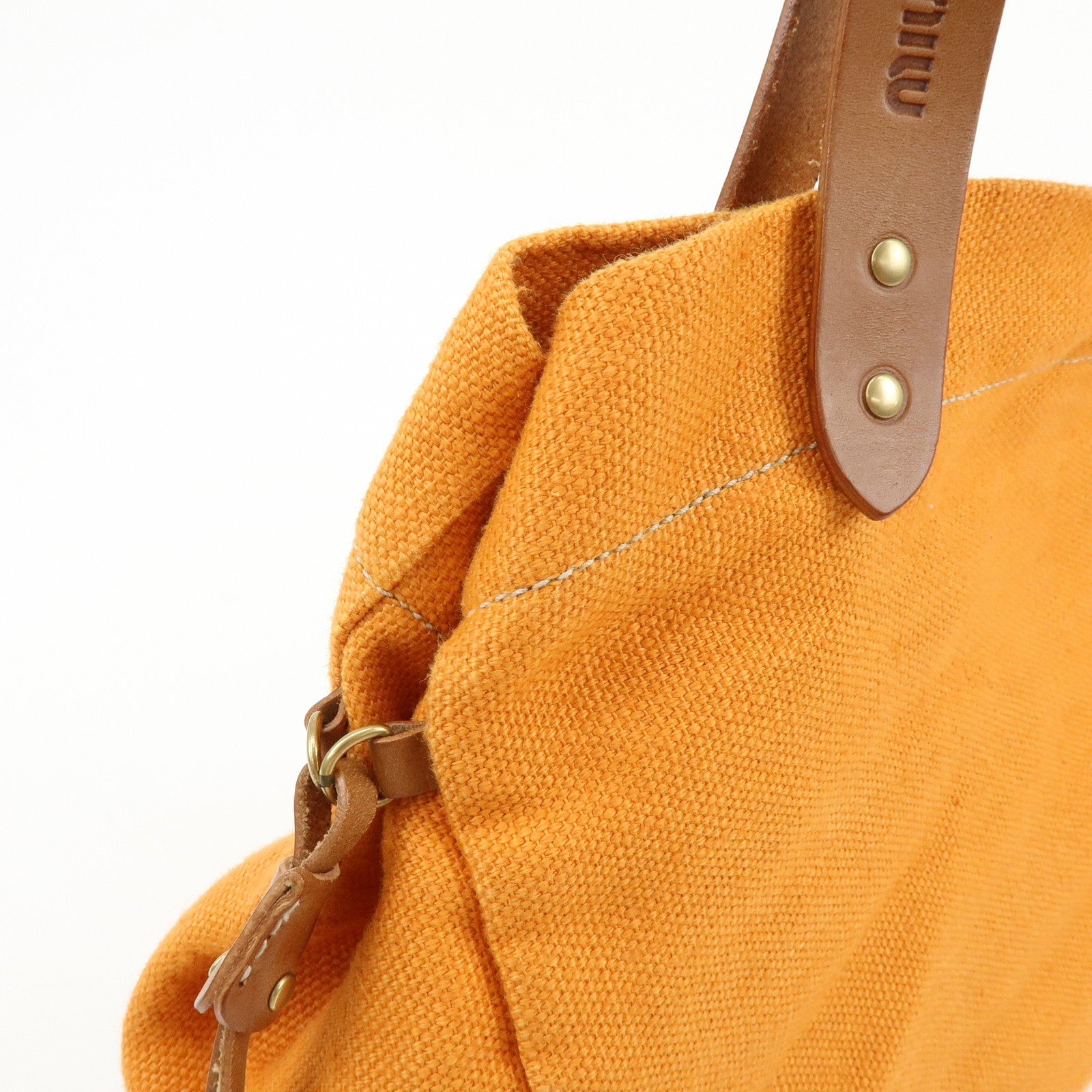 MIU MIU Canvas Leather Tote Bag Shoulder Bag Tassel Orange Brown