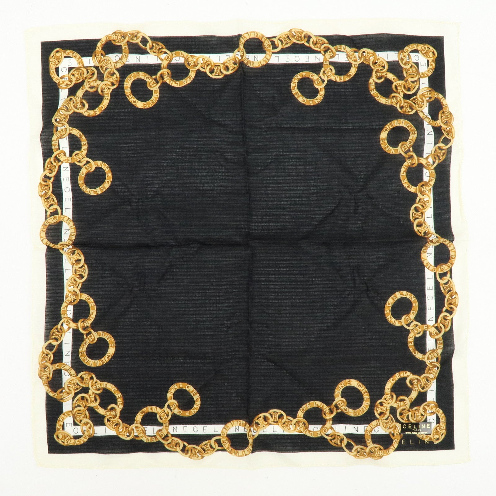 CELINE Set of 2 Silk Cotton Handkerchief Scarf Chain Motif Black Gold