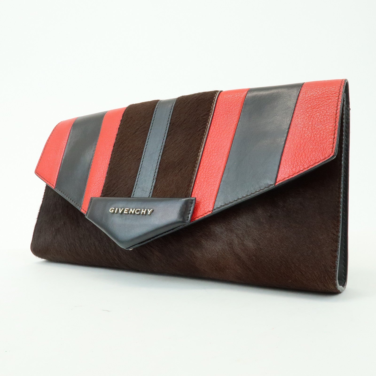 GIVENCHY Pony Hair Leather Clutch Bag Flat Pouch Brown Red TE0142