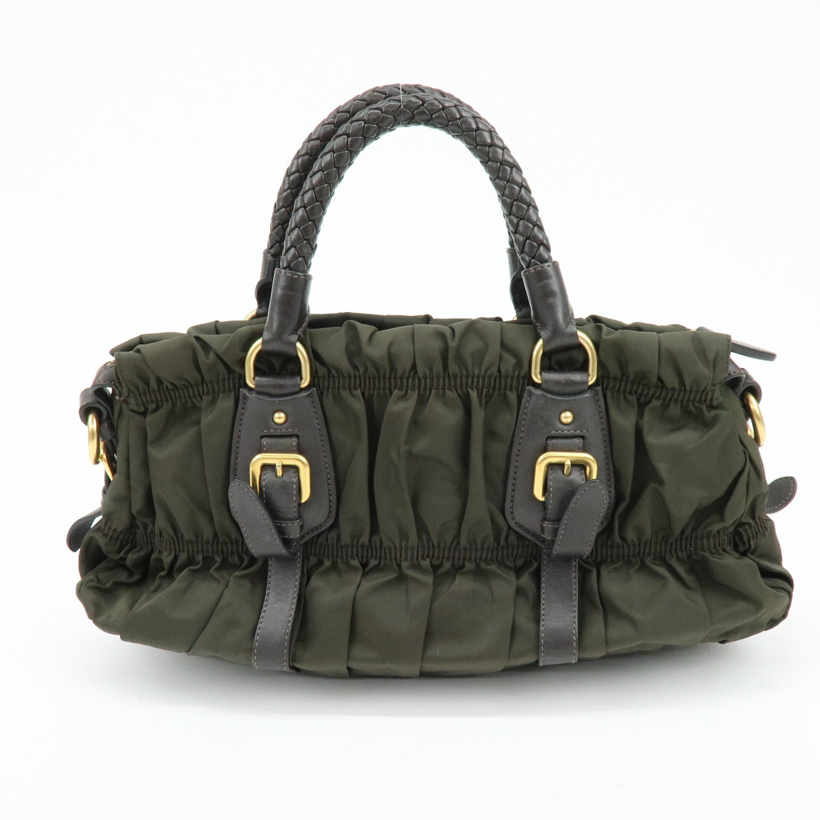 PRADA Triangle Logo Gathered Nylon Leather 2Way Bag Hand Bag BN1407