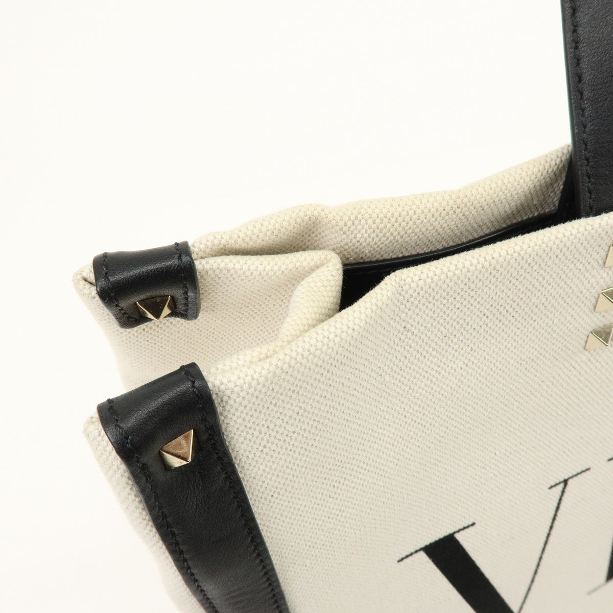 VALENTINO VLTN Rockstud Canvas Leather Tote Bag Hand Bag White Black