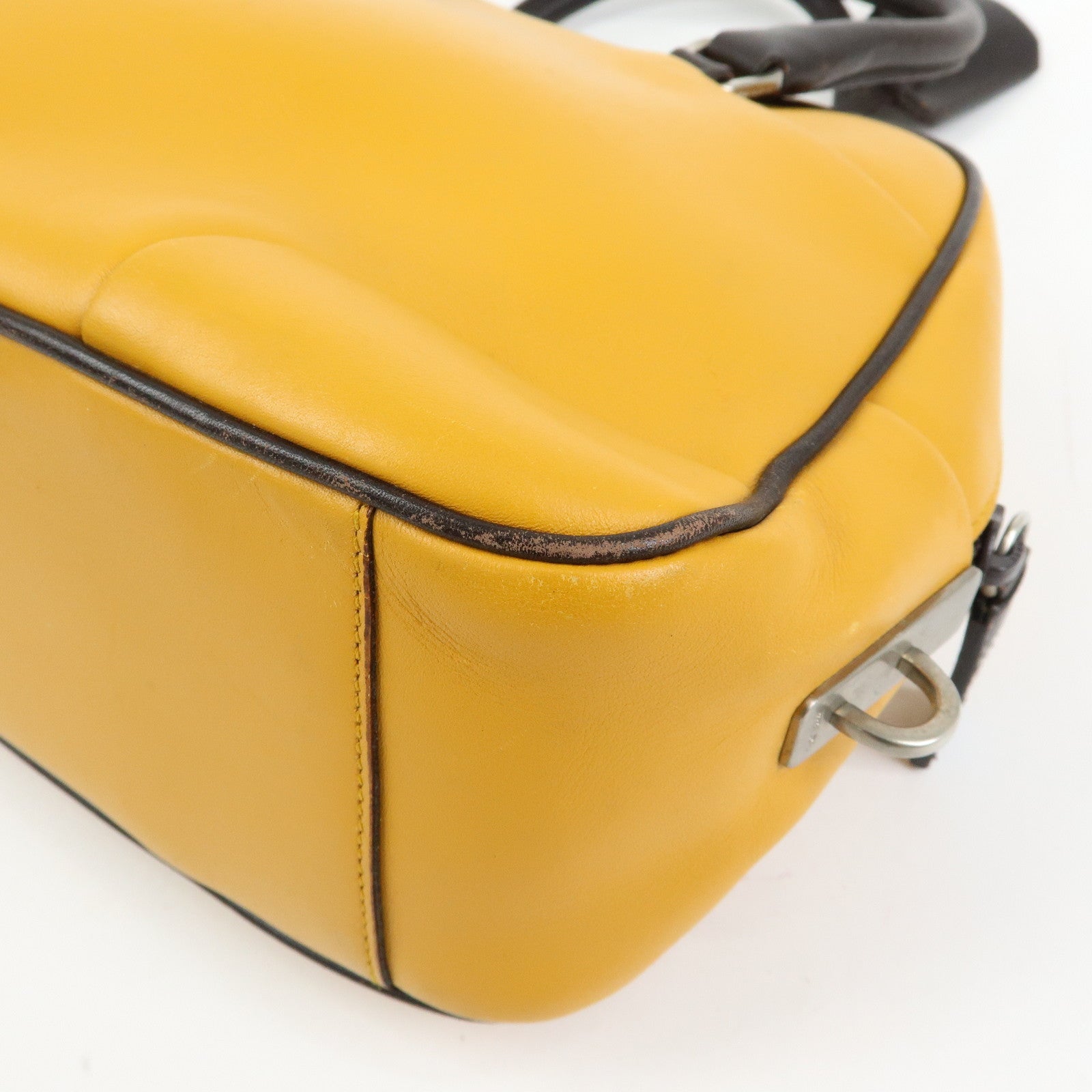 PRADA Leather Bicolor Hand Bag Bowling Bag Yellow Brown