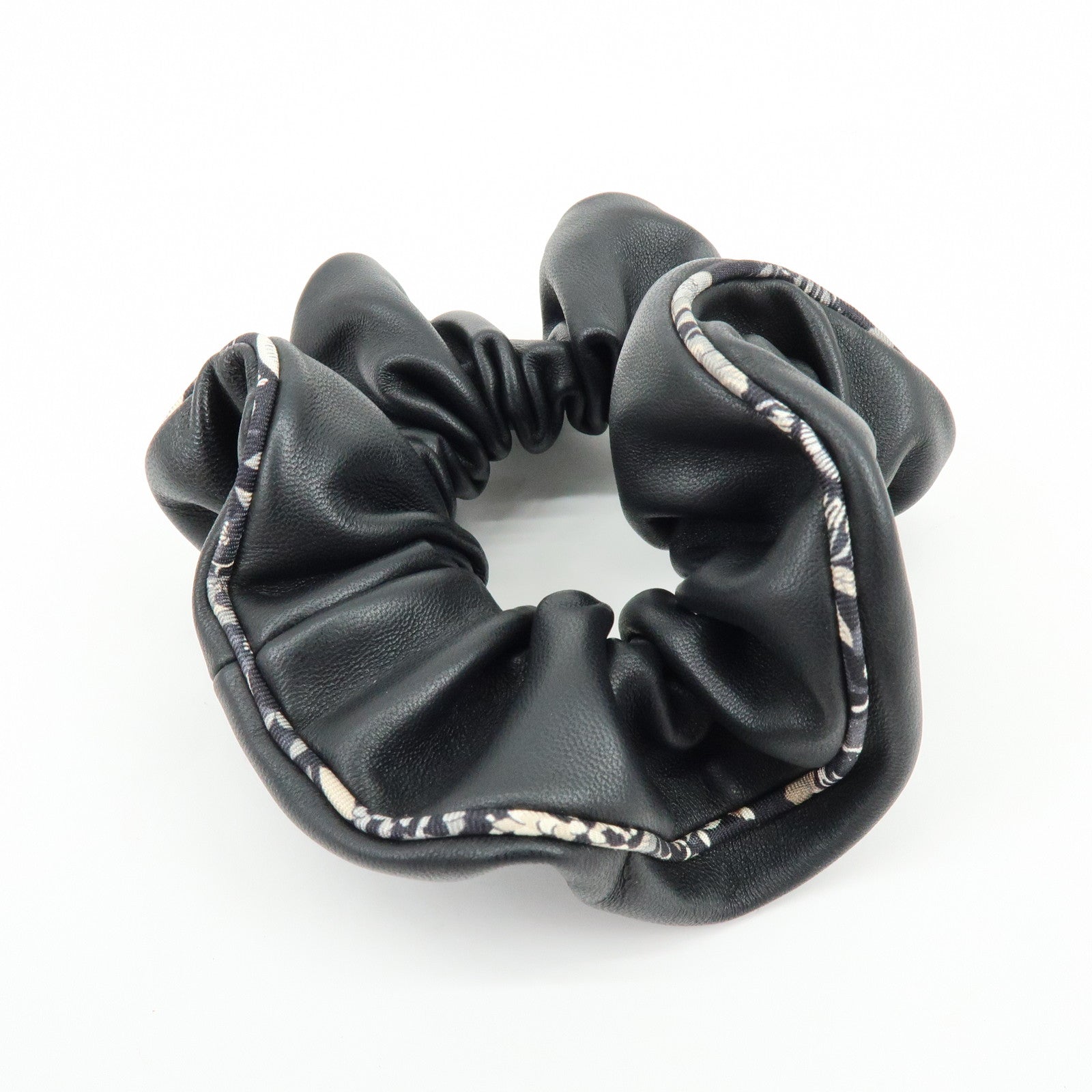 HERMES Agneau Milo Lamb Leather Scrunchie Hair Accessory Black White