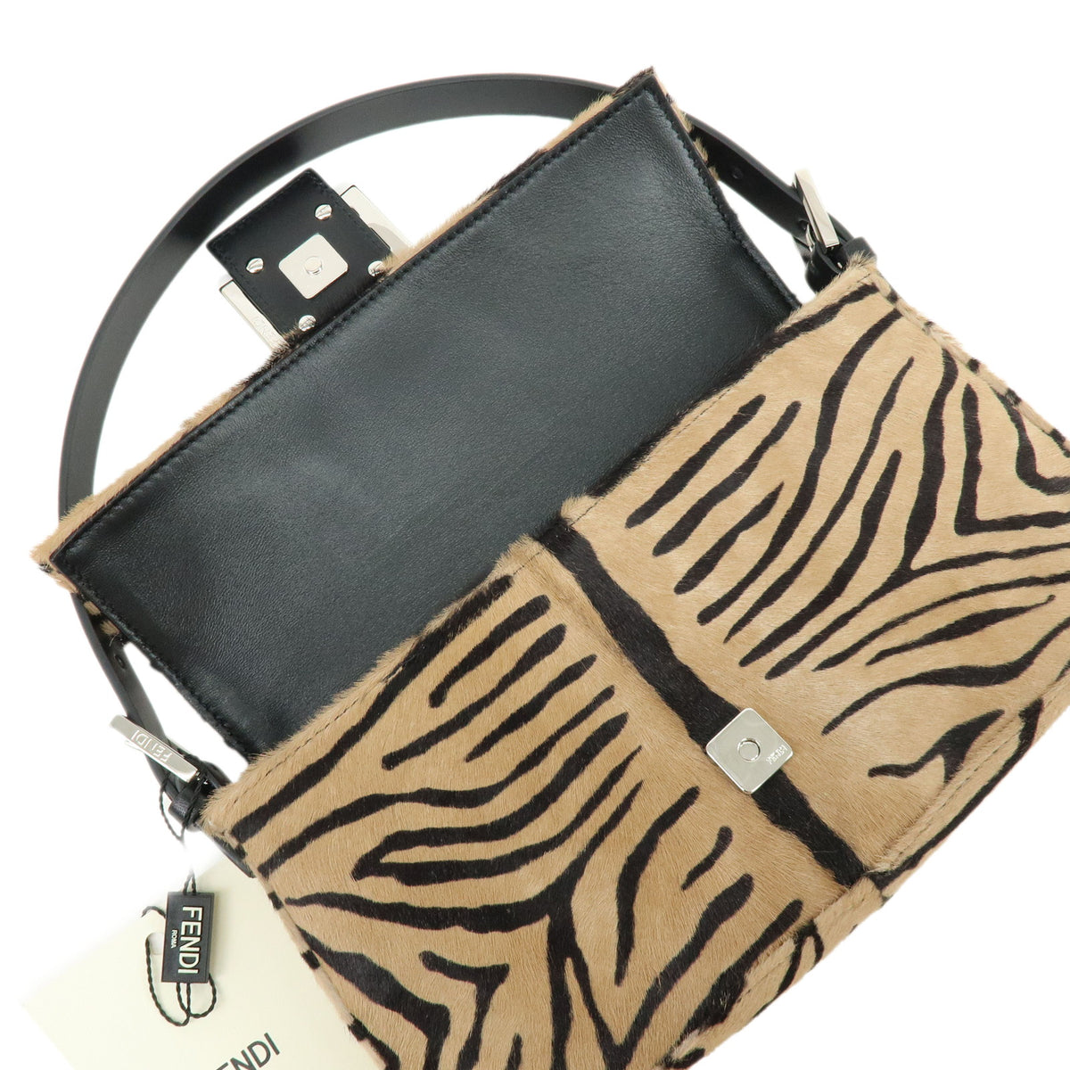 FENDI Baguette Unborn Calf Leather Hand Bag Tiger Print Brown 8BR850