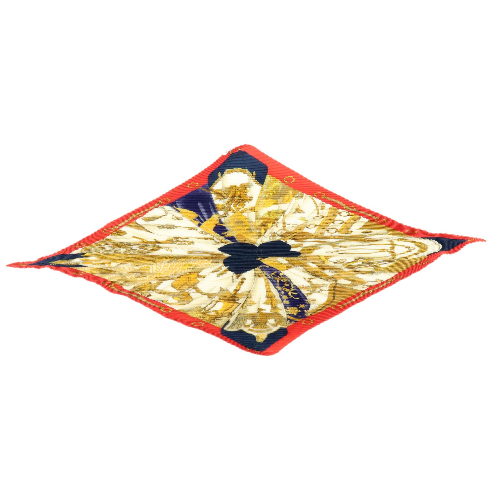 HERMES Pleated Carre Silk 100% Scarf SOLEIL DE SOIE Gold Red Navy