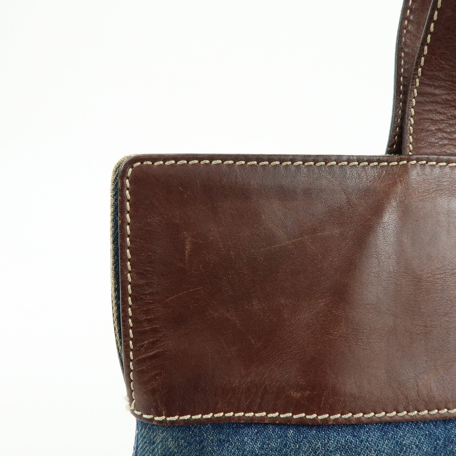 CHANEL COCO Mark Denim Leather Tote Shoulder Bag Blue Brown