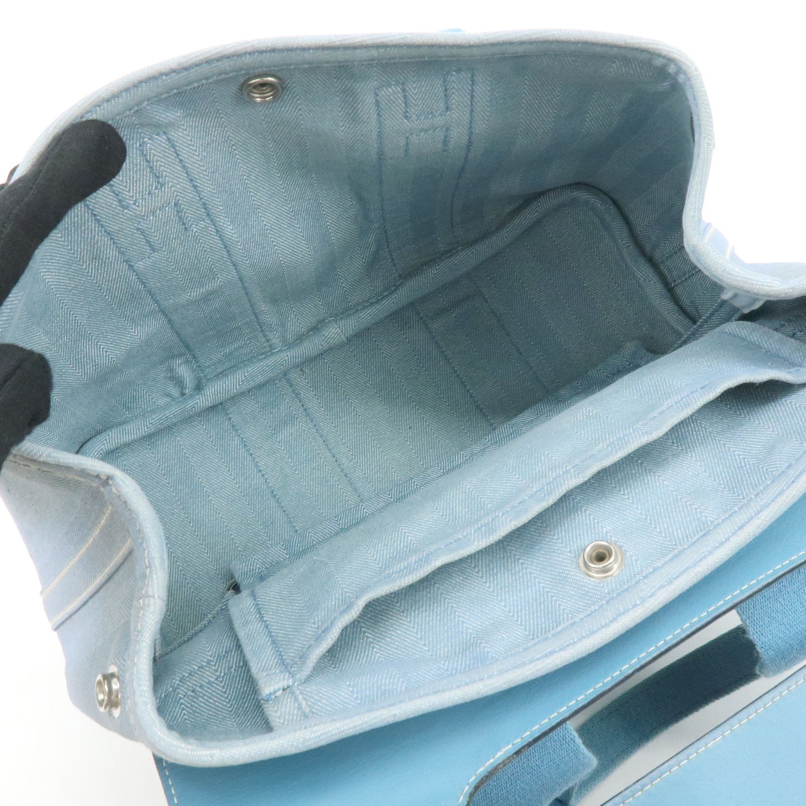 HERMES Valparaiso PM Canvas Leather Tote Hand Bag □K Stamped Blue Jean