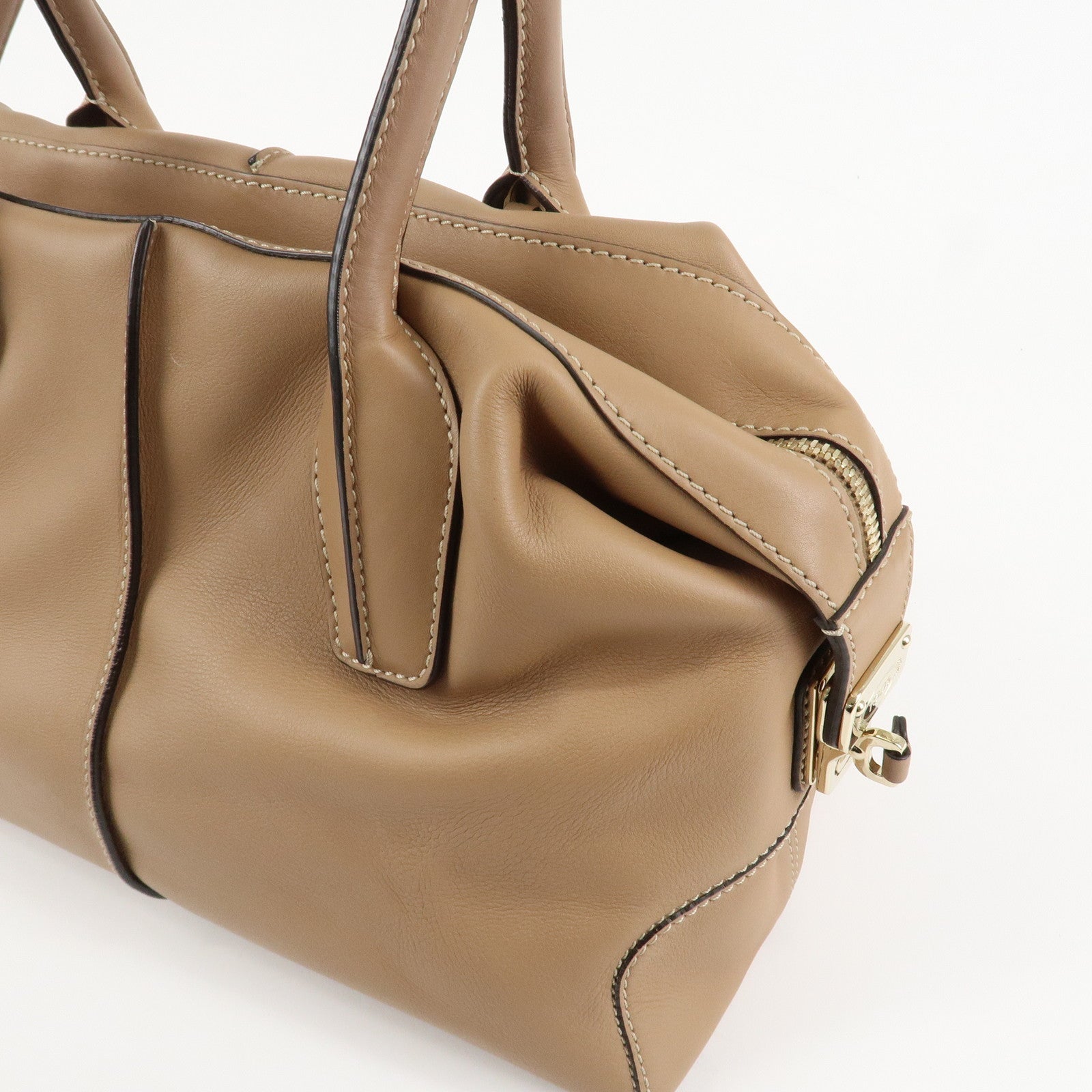 TOD'S Leather Shoulder Bag Boston Bag Hand Bag Beige Used