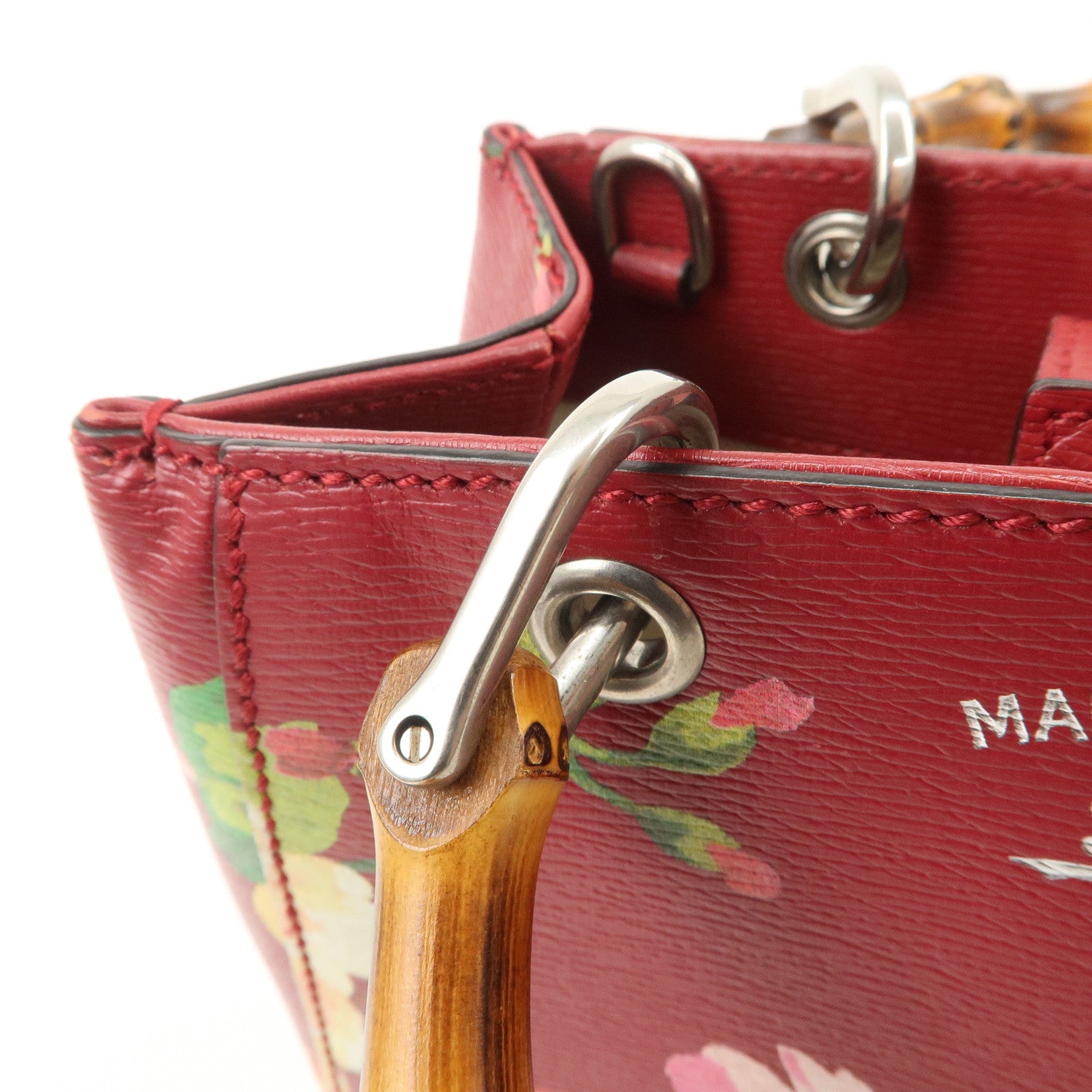 GUCCI Bamboo Leather Flower Mini Shopper 2Way Hand Bag Red 368823 Used