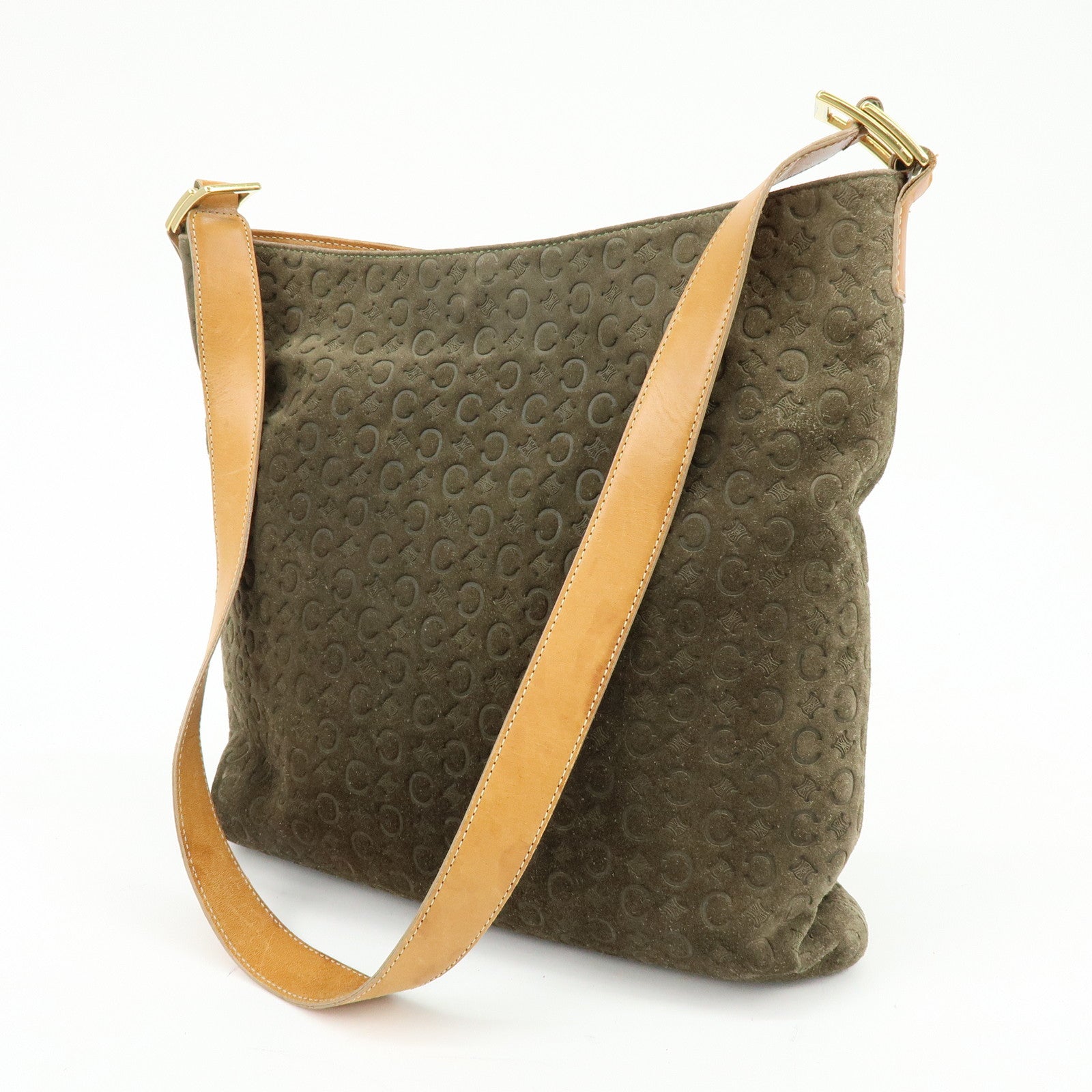 CELINE C Macadam Suede Leather Shoulder Bag Khaki