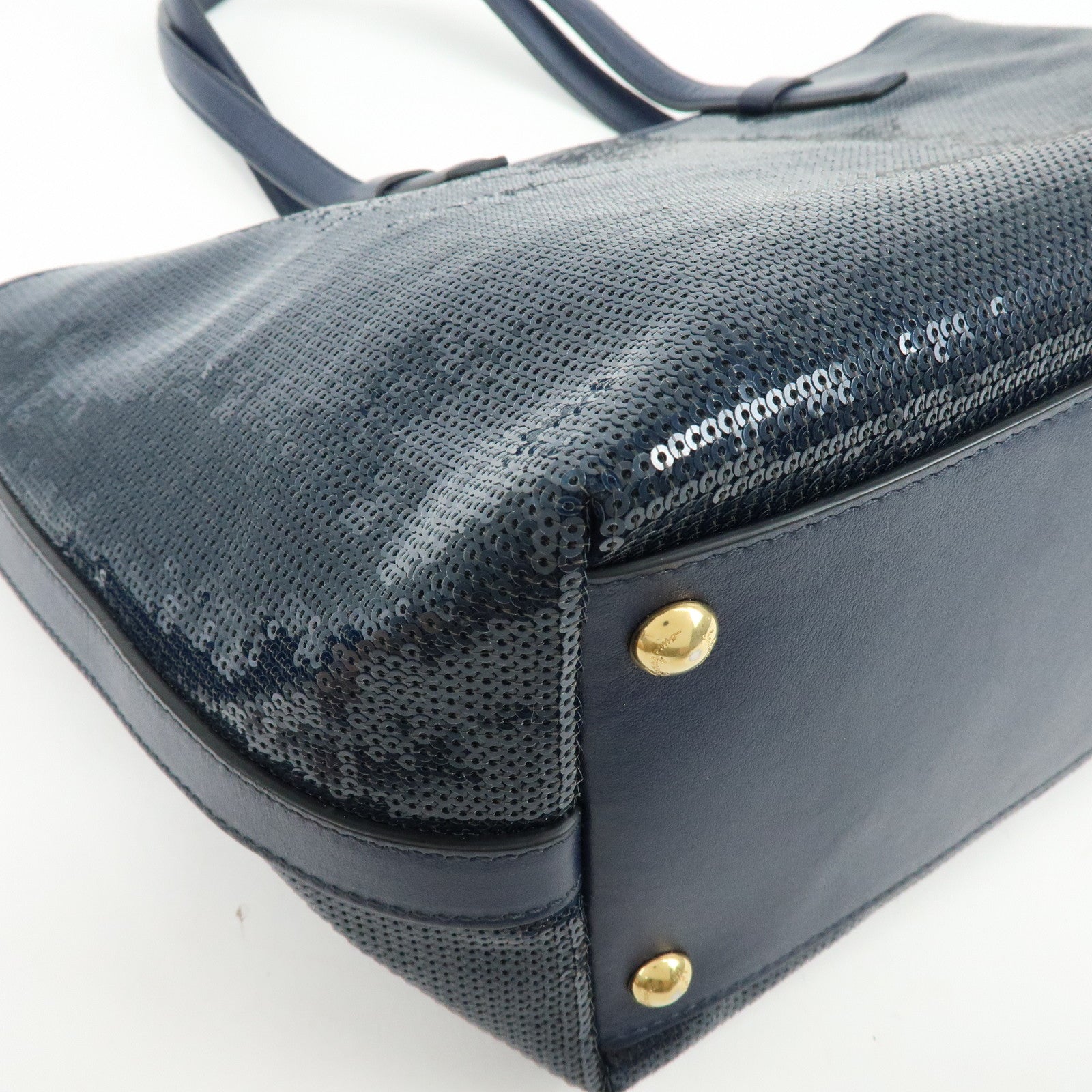 Ferragamo Gancini Sequin Leather Tote Bag Hand Bag Navy