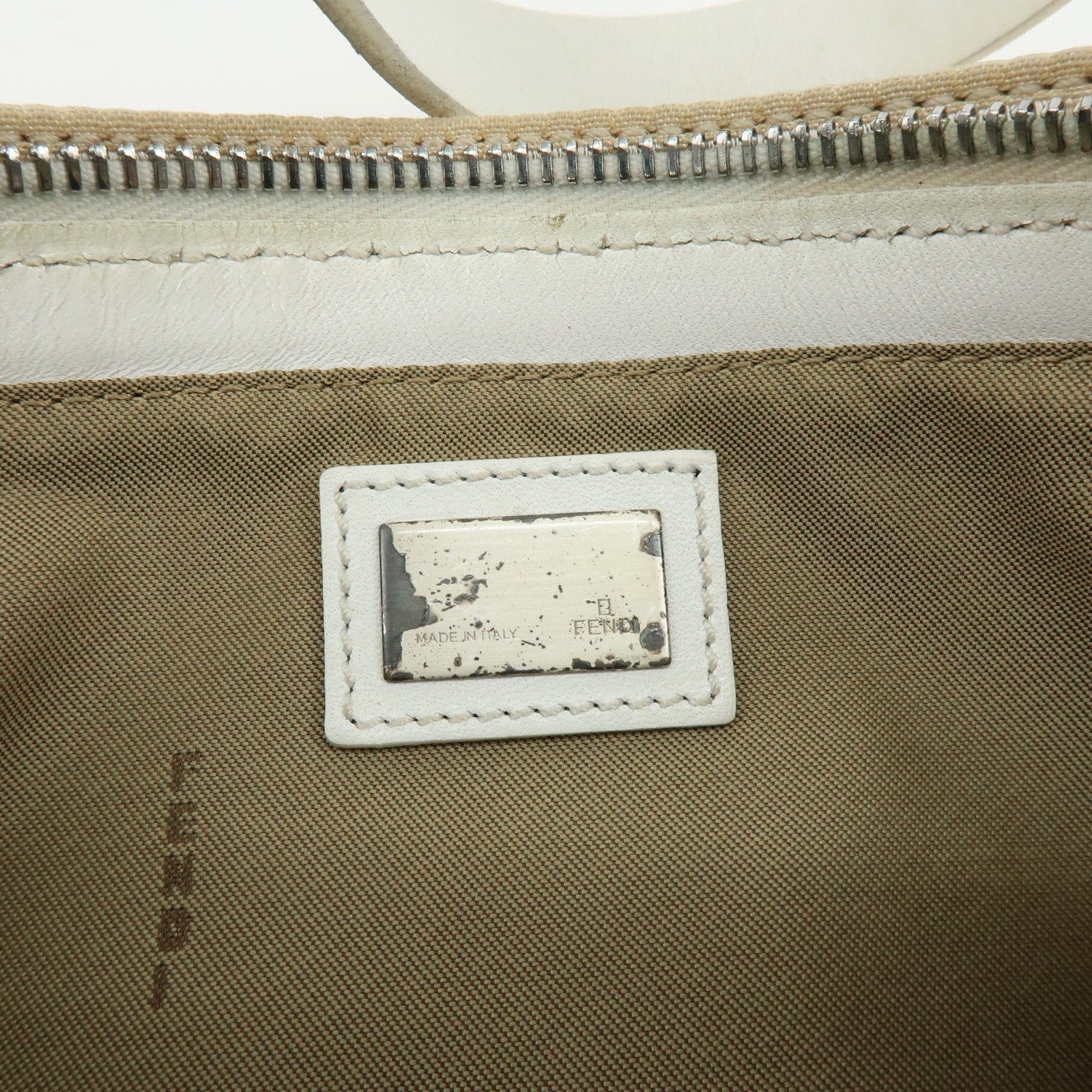 FENDI Zucchino Canvas Leather Shoulder Bag Hand Bag Beige White 8BR042