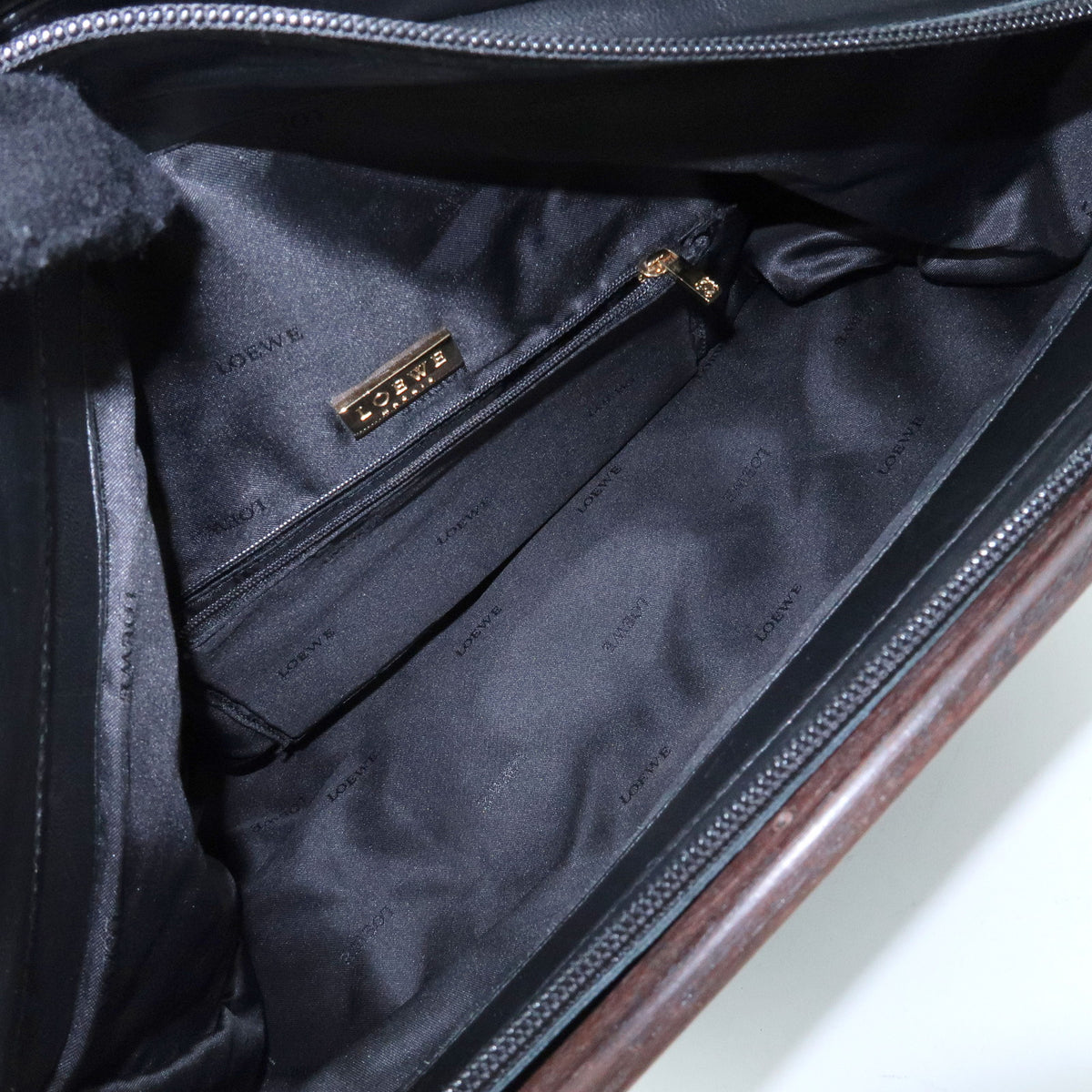 LOEWE Nappa Leather Wood Hand Bag Tote Bag Black Brown
