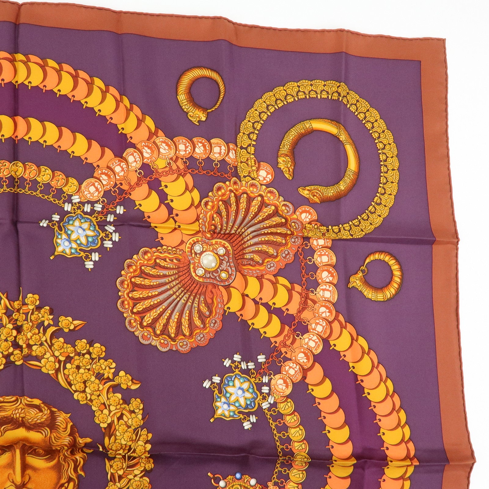 HERMES Carre 90 Silk 100% Scarf KOSMIMA Jewelry Brown Mustard Purple
