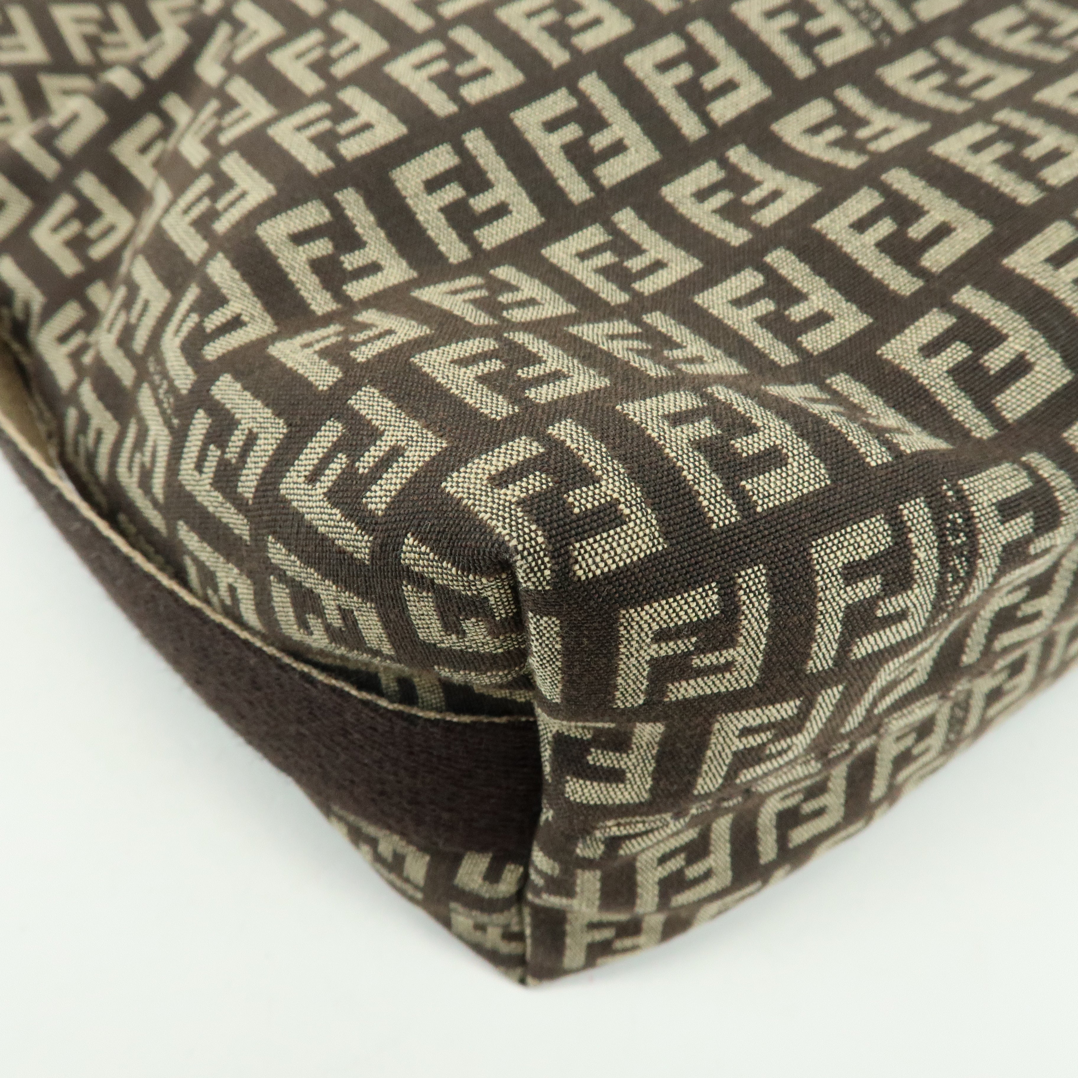 FENDI Zucchino Jacquard Canvas Leather Shoulder Bag Brown 8BR317