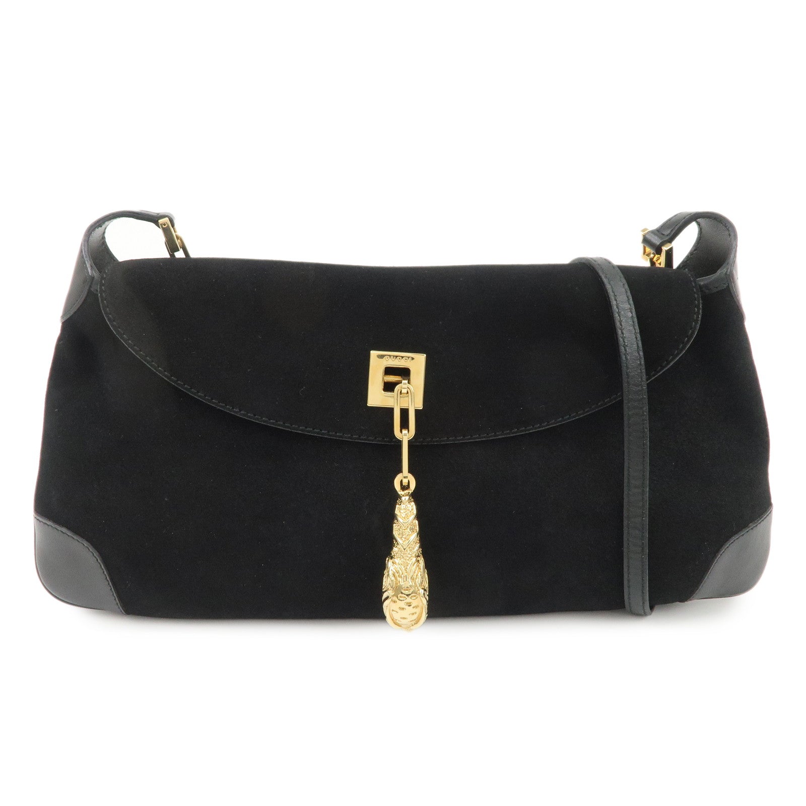 GUCCI Tigar Head Suede Leather Chain Shoulder Bag Black 001.4113 Used