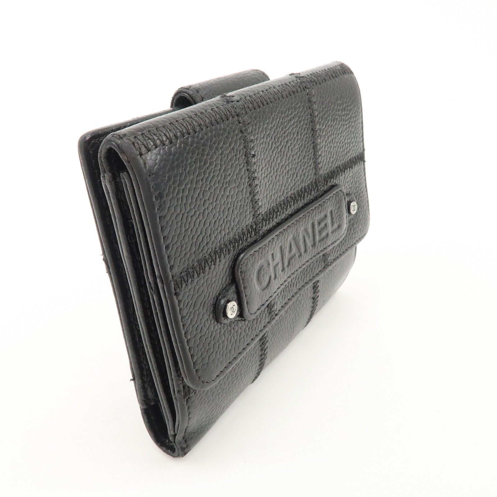 CHANEL Chocolate Bar Caviarskin W Hook Small Wallet Black Used