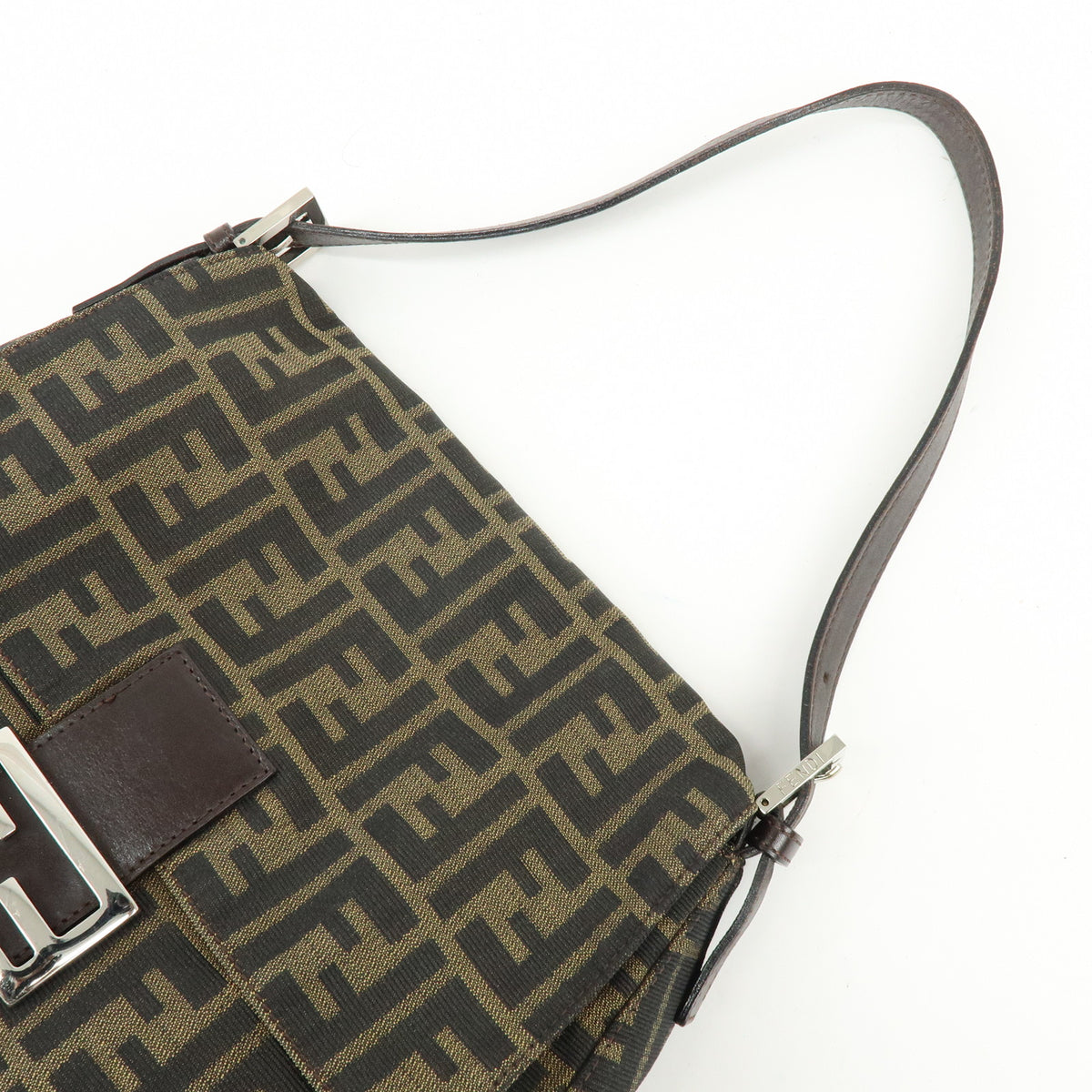 FENDI Mamma Baguette Jacquard Canvas Leather Shoulder Bag Brown 26325